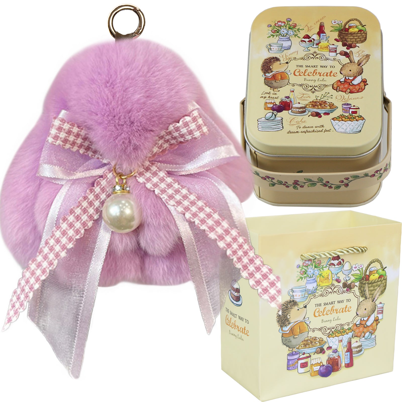 Bunny Lulu Keychain with Tin & Bag Soft Plush Bunny Keychian with Pearl Bow Key Accessory Ideal Choice for Birthday Anniversary & Holiday