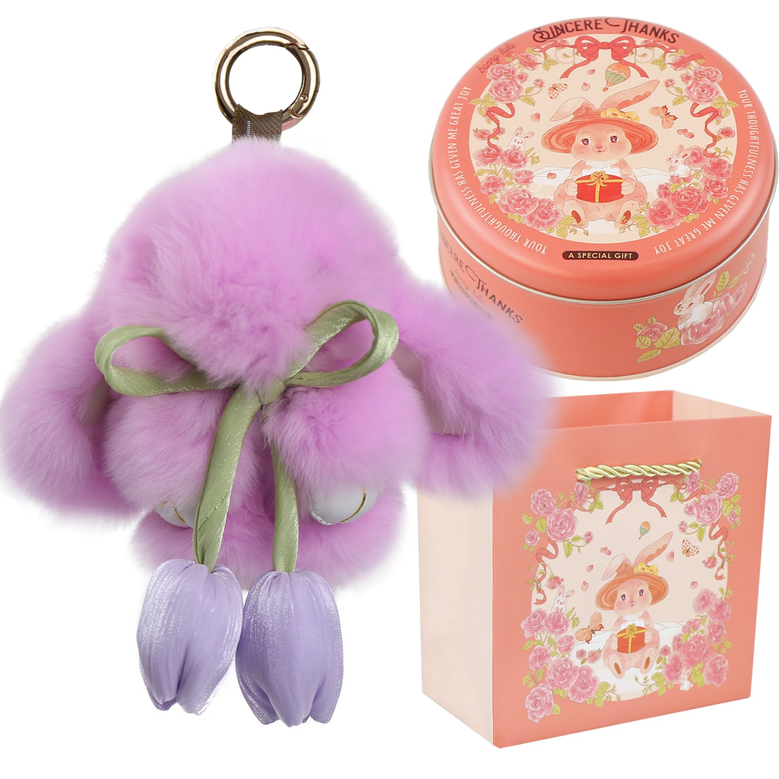 Bunny Lulu Keychain with Tin & Bag Soft Cute Plush Fluffy Tulip Bunnylulu Keychain with Optional Tin and Bag