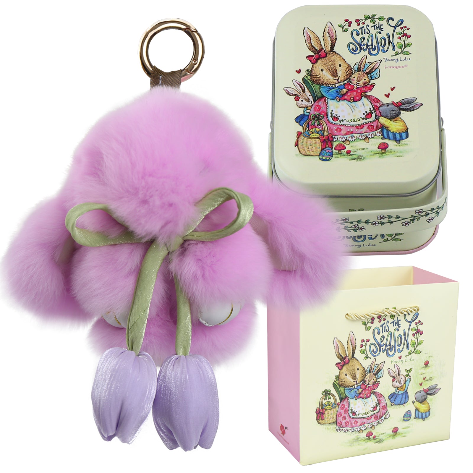 Bunny Lulu Keychain with Tin & Bag Soft Cute Plush Fluffy Tulip Bunnylulu Keychain with Optional Tin and Bag