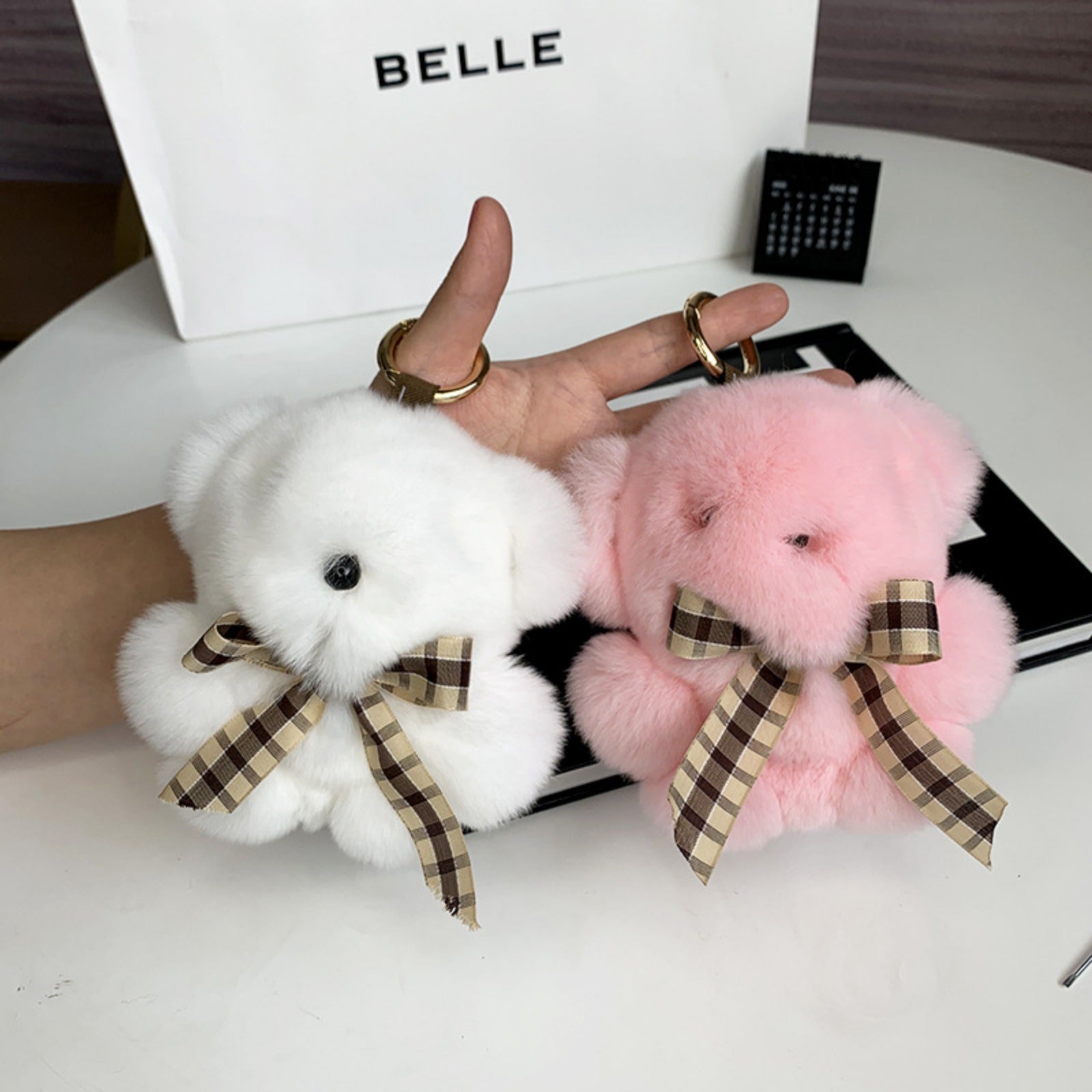Bear Keychain with Bow Plush Fluffy Rabbit Fur Keychain Soft Adorable Accessory for Bags Keys Backpack Bear Lovers