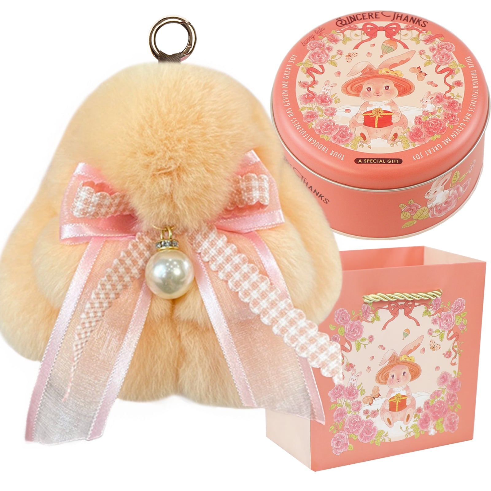 Bunny Lulu Keychain with Tin & Bag Soft Plush Bunny Keychian with Pearl Bow Key Accessory Ideal Choice for Birthday Anniversary & Holiday