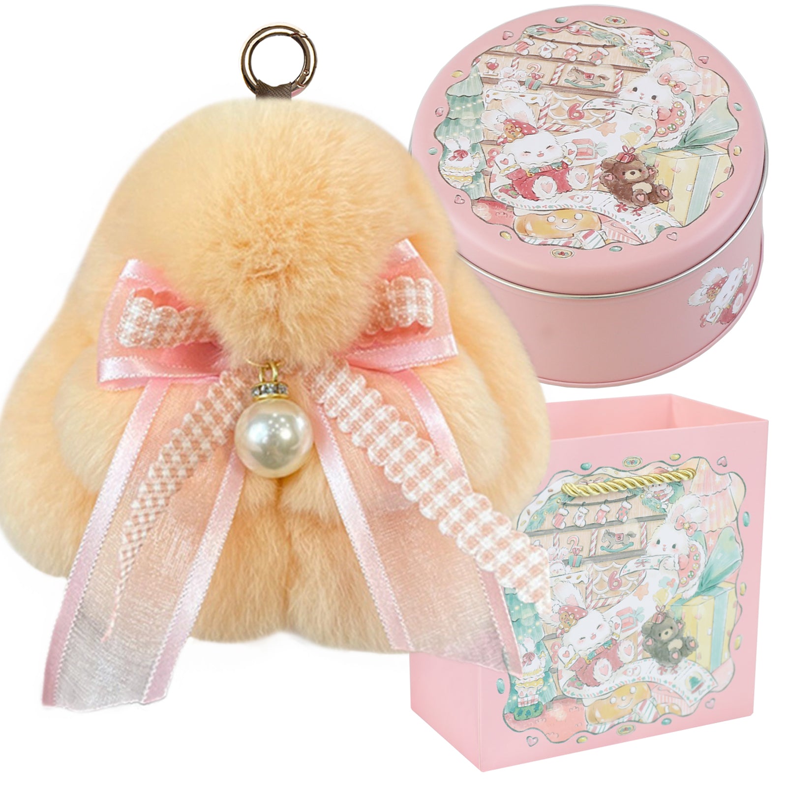 Bunny Lulu Keychain with Tin & Bag Soft Plush Bunny Keychian with Pearl Bow Key Accessory Ideal Choice for Birthday Anniversary & Holiday