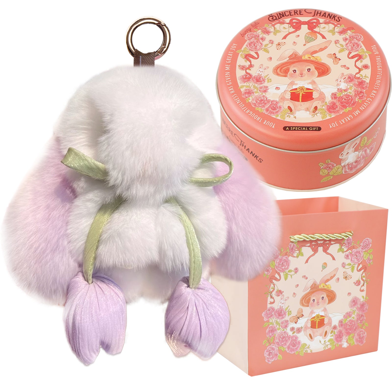 Bunny Lulu Keychain with Tin & Bag Soft Cute Plush Fluffy Tulip Bunnylulu Keychain with Optional Tin and Bag