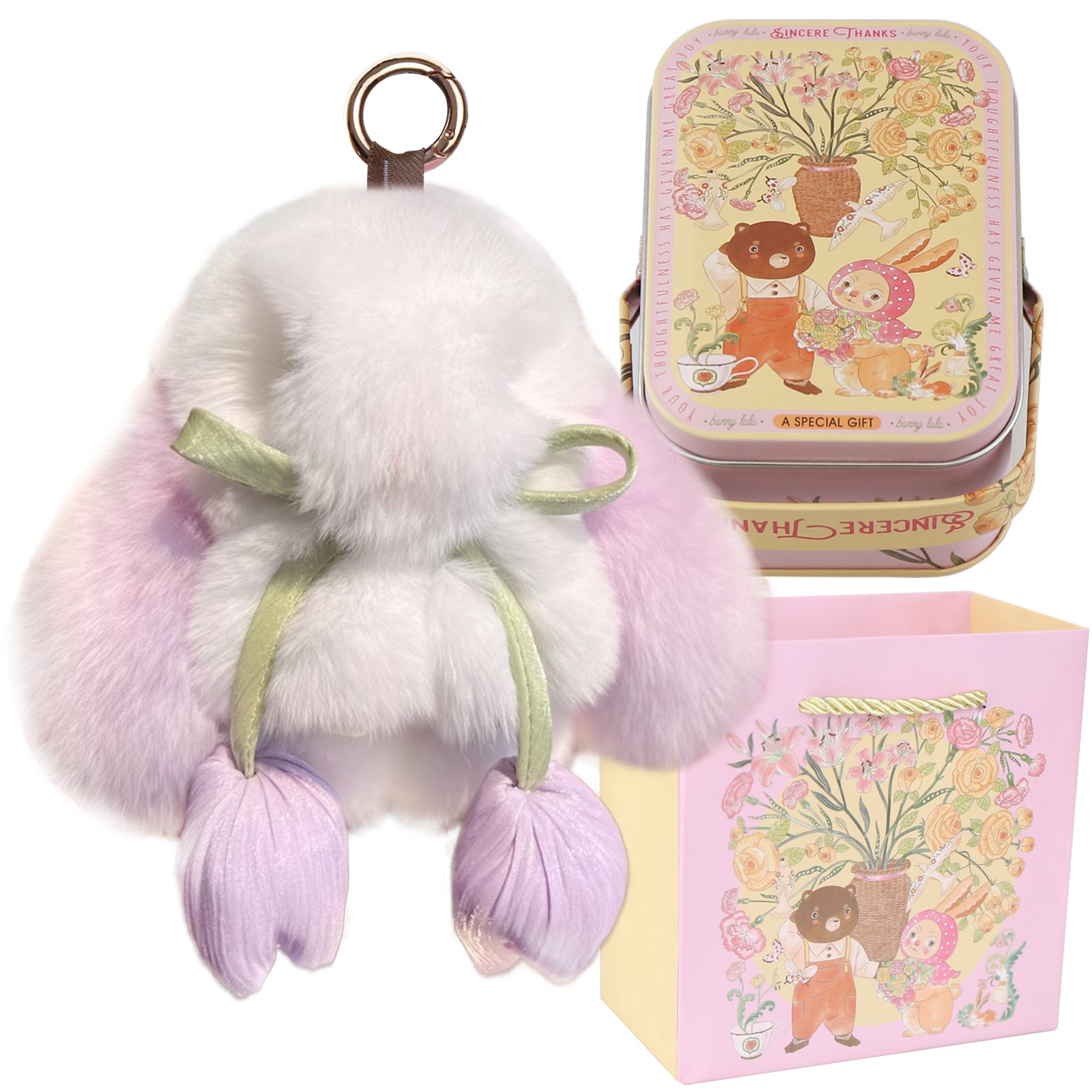 Bunny Lulu Keychain with Tin & Bag Soft Cute Plush Fluffy Tulip Bunnylulu Keychain with Optional Tin and Bag