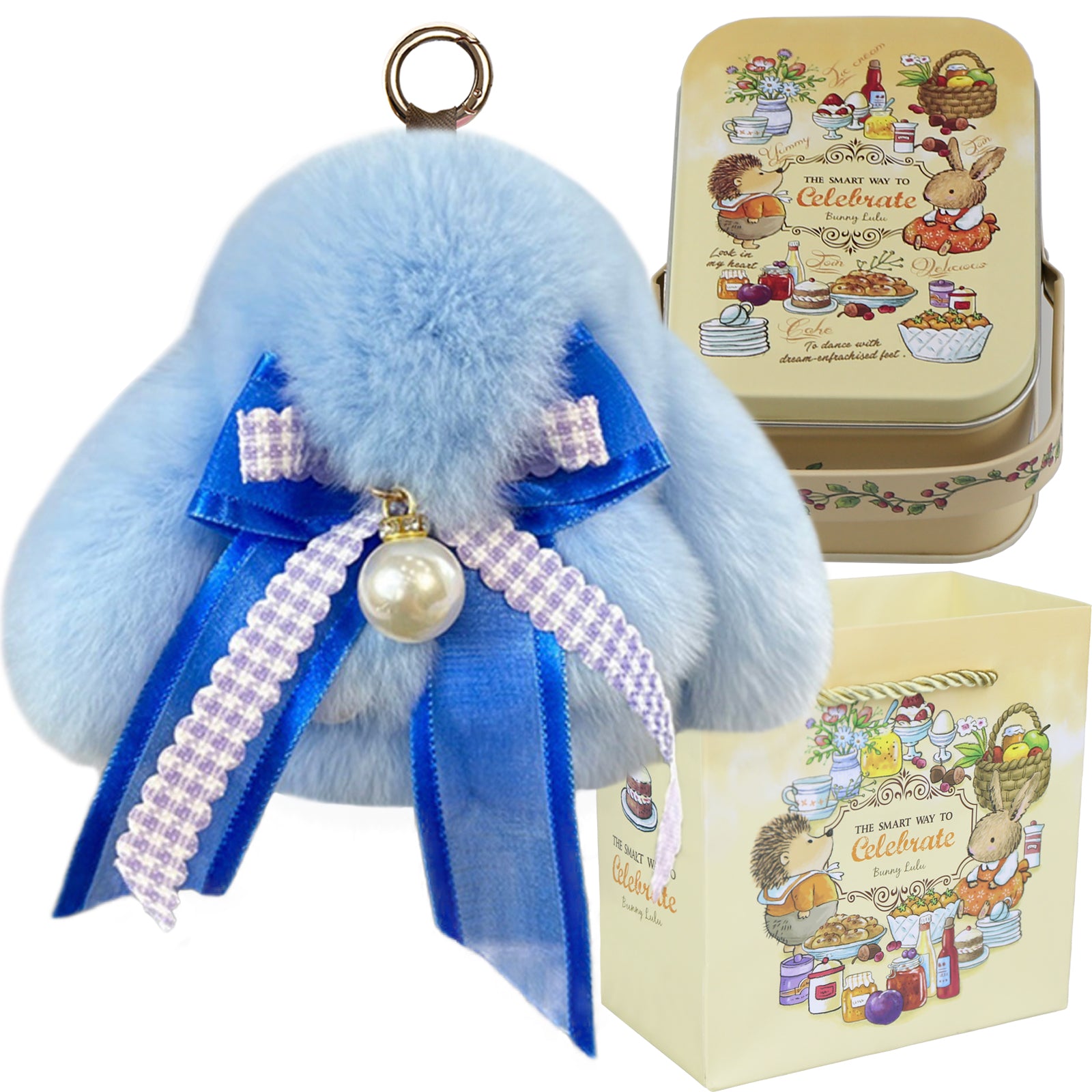 Bunny Lulu Keychain with Tin & Bag Soft Plush Bunny Keychian with Pearl Bow Key Accessory Ideal Choice for Birthday Anniversary & Holiday