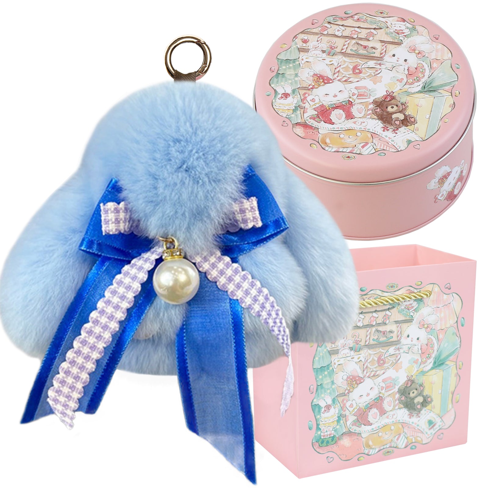Bunny Lulu Keychain with Tin & Bag Soft Plush Bunny Keychian with Pearl Bow Key Accessory Ideal Choice for Birthday Anniversary & Holiday
