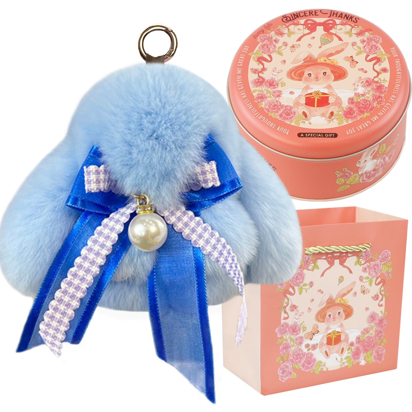 Bunny Lulu Keychain with Tin & Bag Soft Plush Bunny Keychian with Pearl Bow Key Accessory Ideal Choice for Birthday Anniversary & Holiday