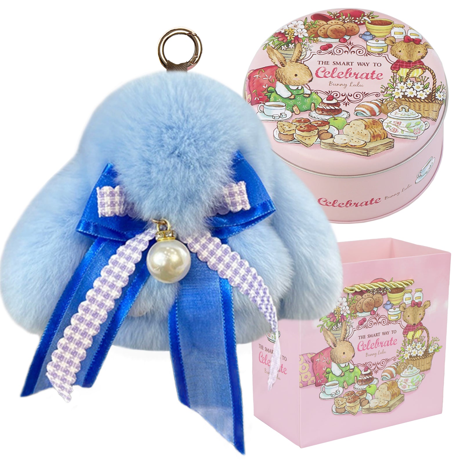 Bunny Lulu Keychain with Tin & Bag Soft Plush Bunny Keychian with Pearl Bow Key Accessory Ideal Choice for Birthday Anniversary & Holiday
