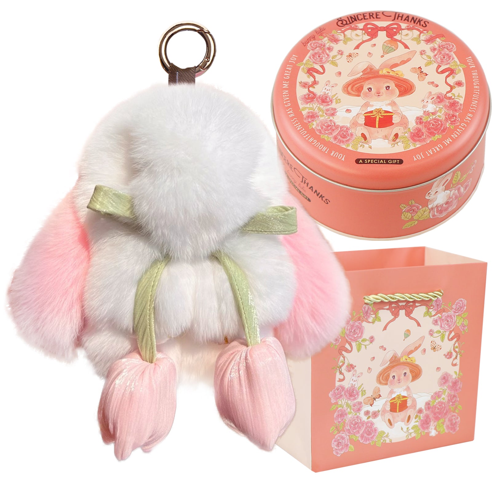 Bunny Lulu Keychain with Tin & Bag Soft Cute Plush Fluffy Tulip Bunnylulu Keychain with Optional Tin and Bag