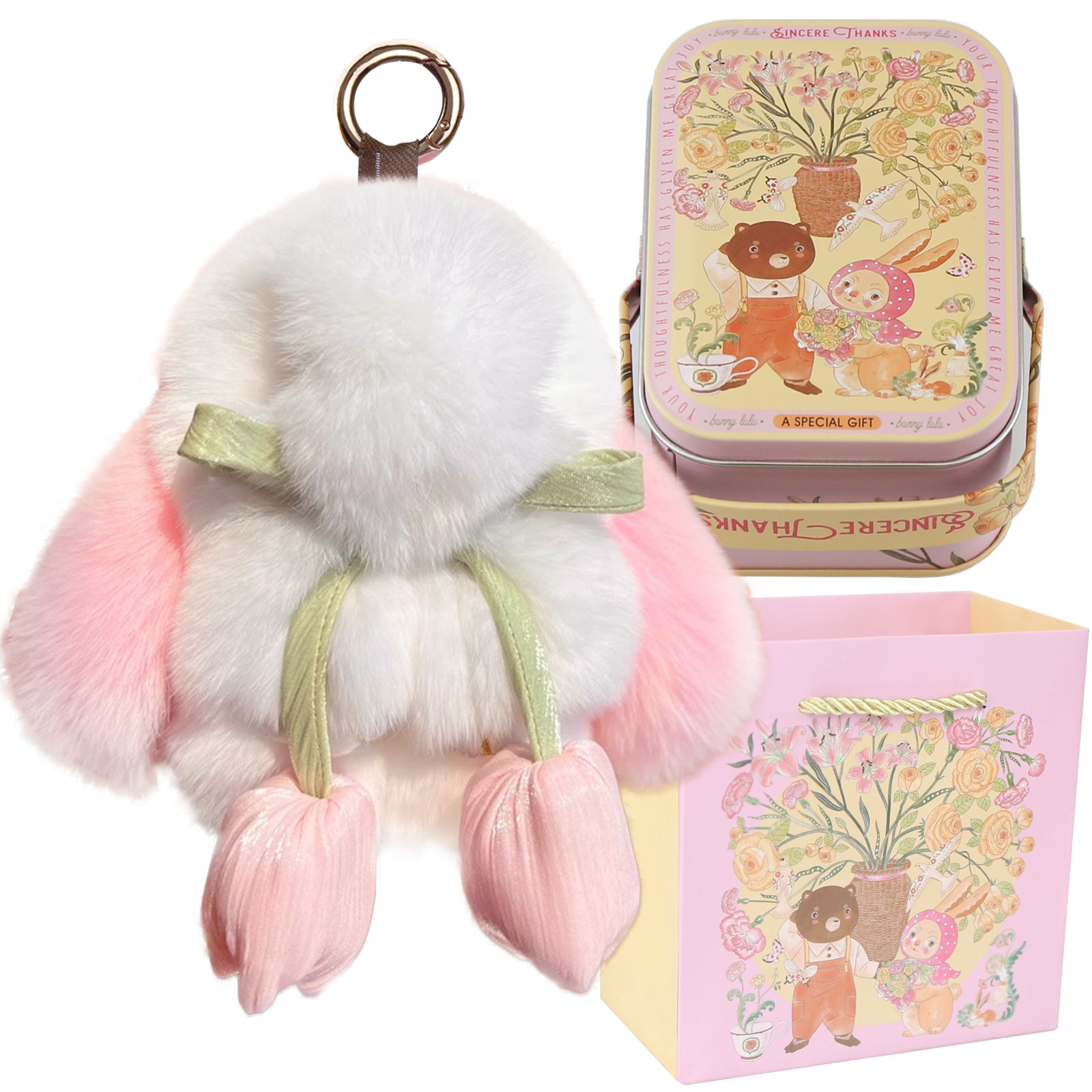 Bunny Lulu Keychain with Tin & Bag Soft Cute Plush Fluffy Tulip Bunnylulu Keychain with Optional Tin and Bag