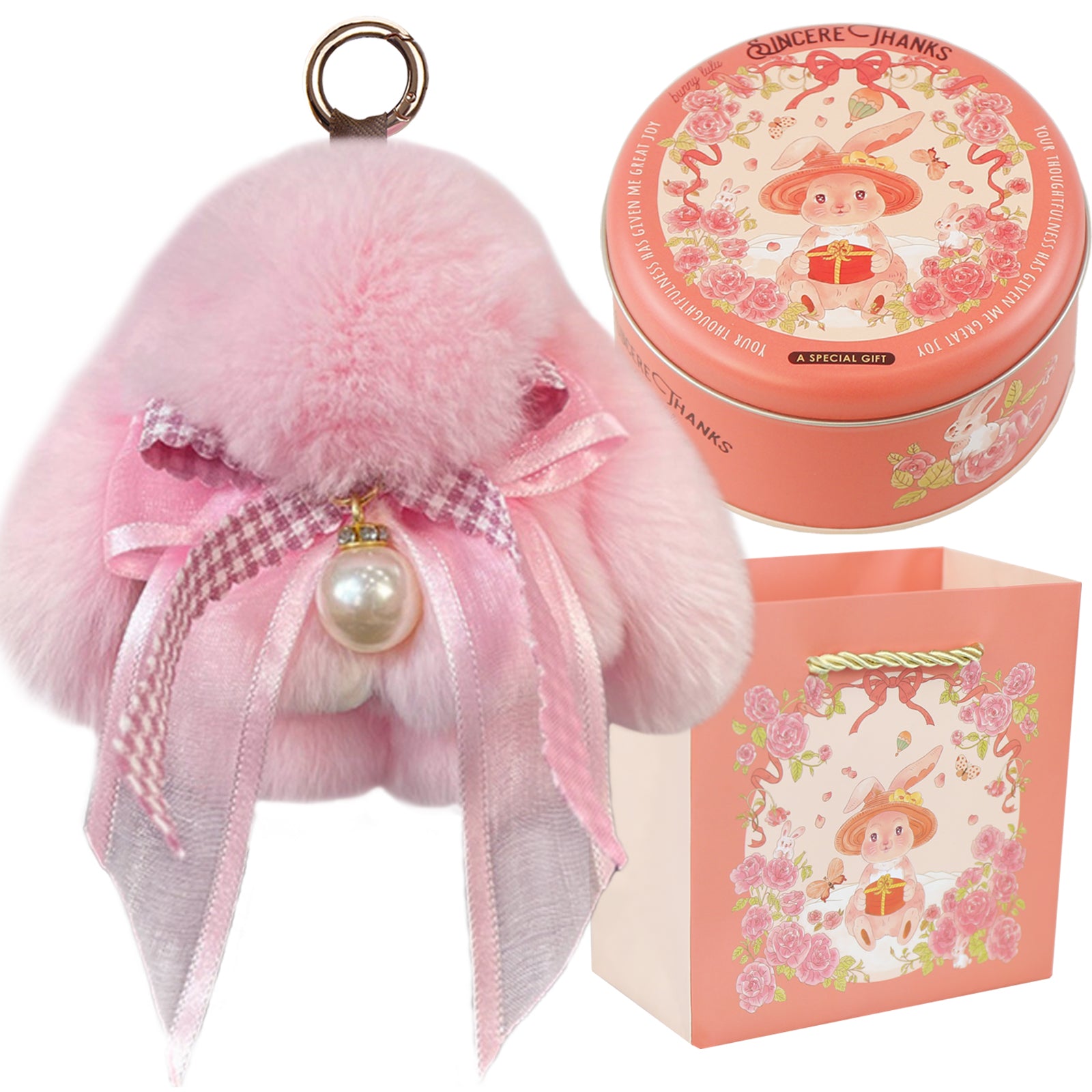 Bunny Lulu Keychain with Tin & Bag Soft Plush Bunny Keychian with Pearl Bow Key Accessory Ideal Choice for Birthday Anniversary & Holiday