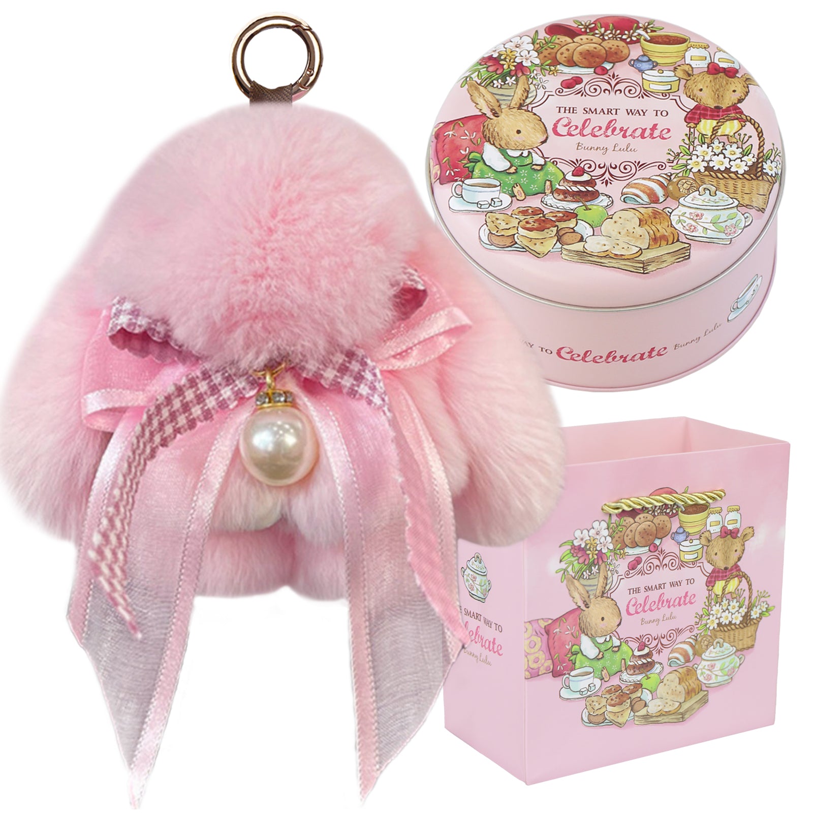 Bunny Lulu Keychain with Tin & Bag Soft Plush Bunny Keychian with Pearl Bow Key Accessory Ideal Choice for Birthday Anniversary & Holiday