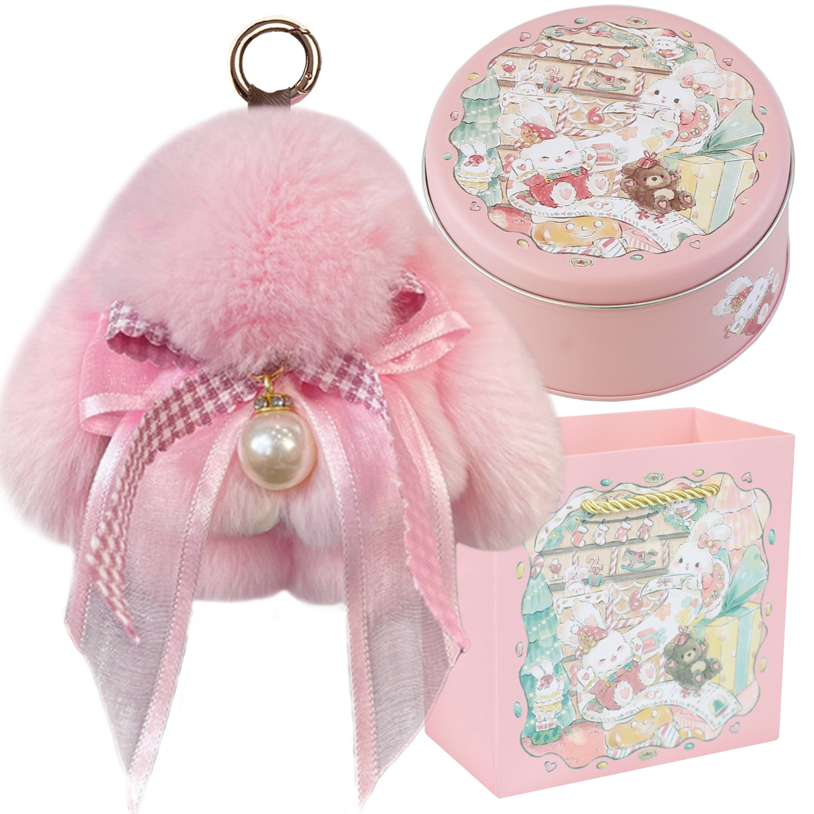 Bunny Lulu Keychain with Tin & Bag Soft Plush Bunny Keychian with Pearl Bow Key Accessory Ideal Choice for Birthday Anniversary & Holiday