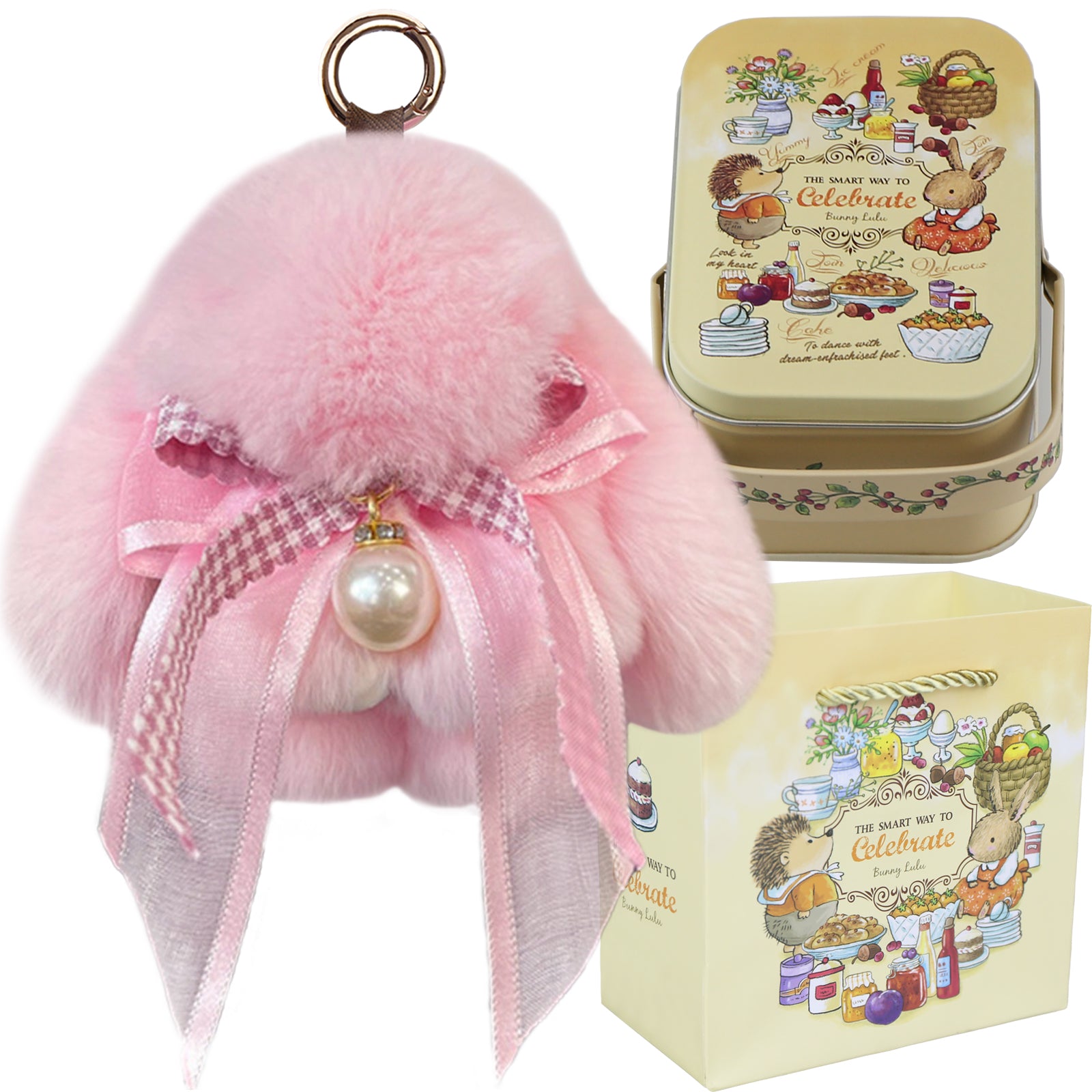 Bunny Lulu Keychain with Tin & Bag Soft Plush Bunny Keychian with Pearl Bow Key Accessory Ideal Choice for Birthday Anniversary & Holiday