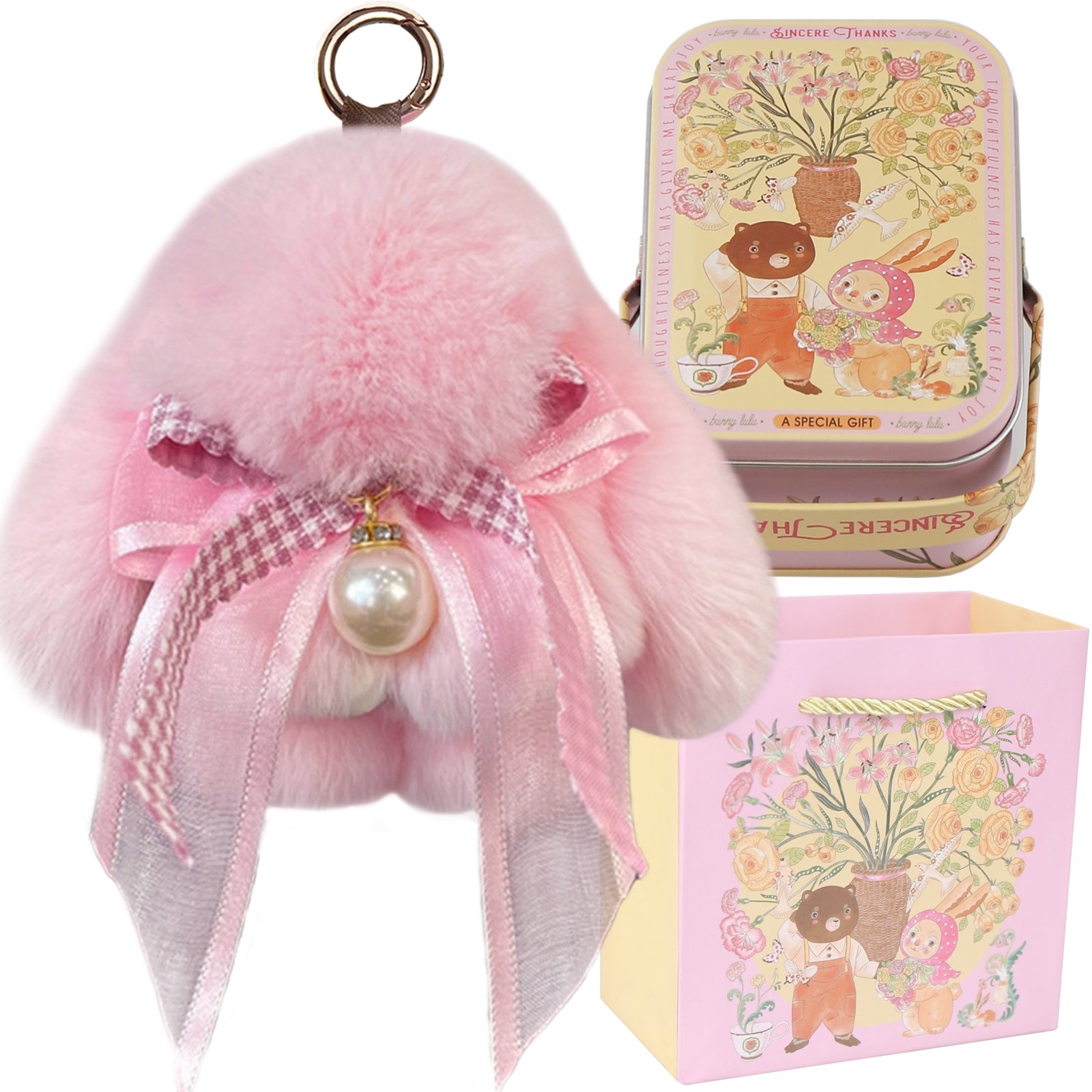 Bunny Lulu Keychain with Tin & Bag Soft Plush Bunny Keychian with Pearl Bow Key Accessory Ideal Choice for Birthday Anniversary & Holiday