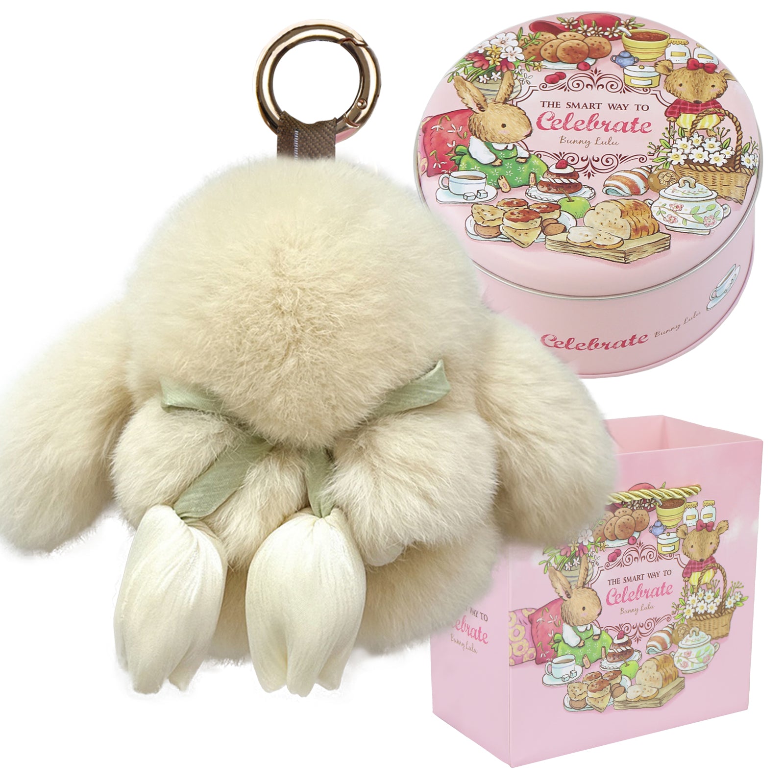Bunny Lulu Keychain with Tin & Bag Soft Cute Plush Fluffy Tulip Bunnylulu Keychain with Optional Tin and Bag