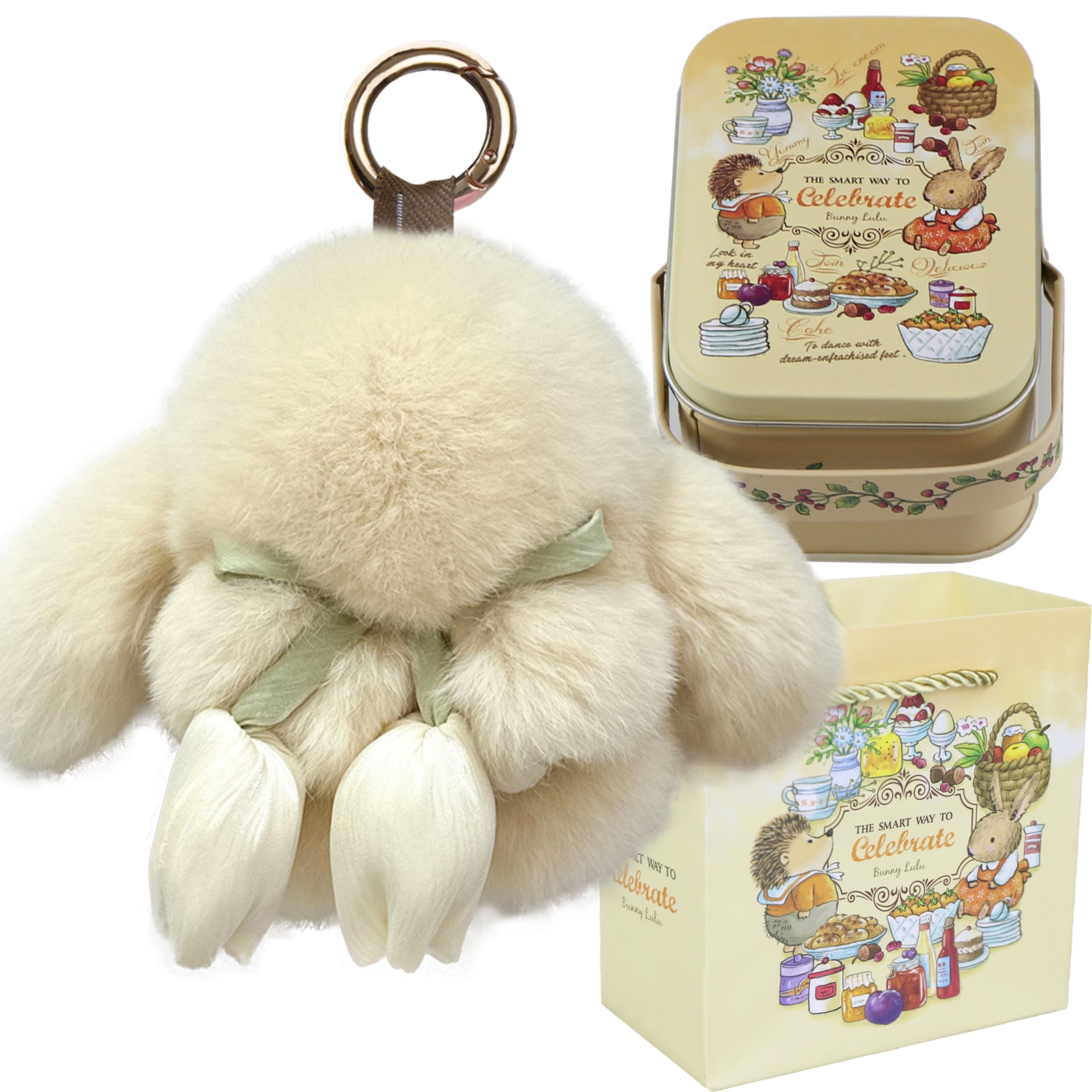 Bunny Lulu Keychain with Tin & Bag Soft Cute Plush Fluffy Tulip Bunnylulu Keychain with Optional Tin and Bag