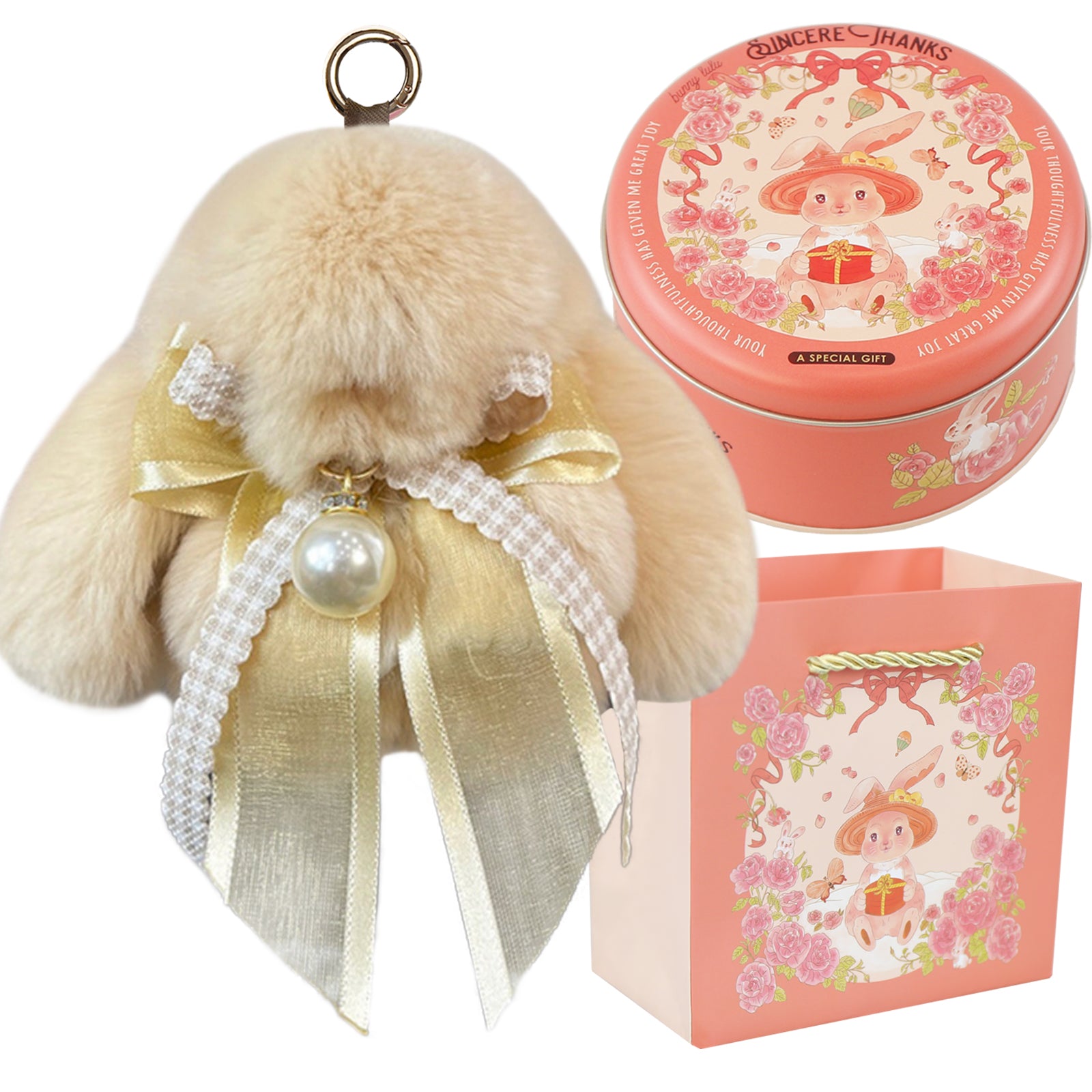 Bunny Lulu Keychain with Tin & Bag Soft Plush Bunny Keychian with Pearl Bow Key Accessory Ideal Choice for Birthday Anniversary & Holiday