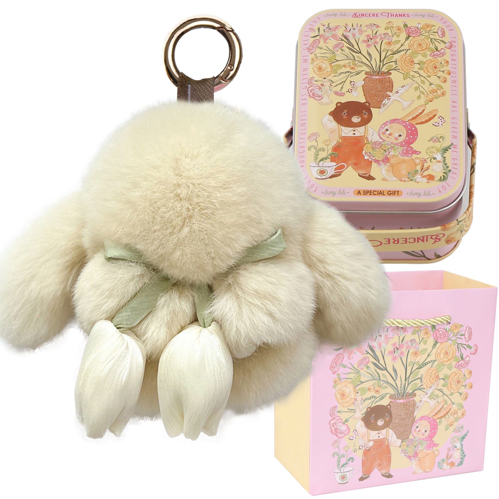 Bunny Lulu Keychain with Tin & Bag Soft Cute Plush Fluffy Tulip Bunnylulu Keychain with Optional Tin and Bag