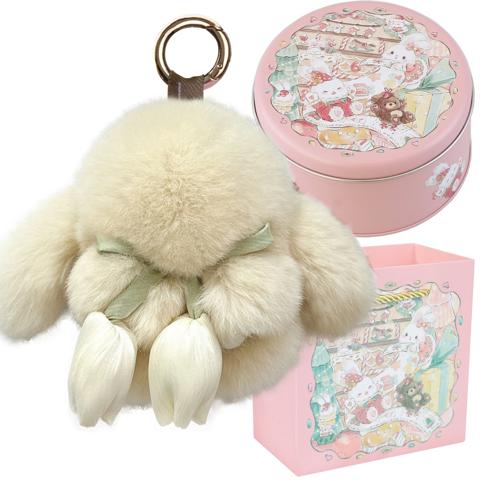 Bunny Lulu Keychain with Tin & Bag Soft Cute Plush Fluffy Tulip Bunnylulu Keychain with Optional Tin and Bag