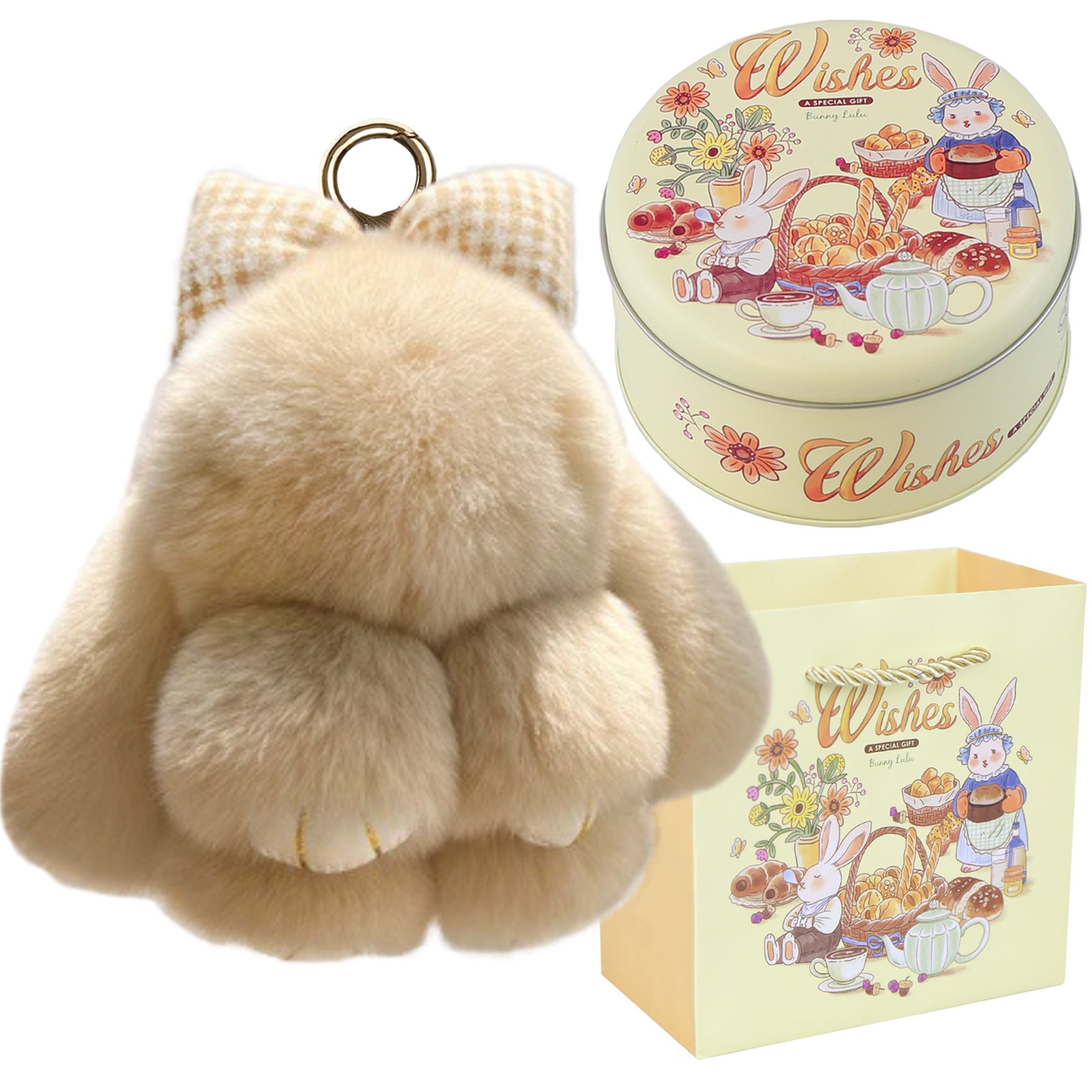 Bunny Lulu Keychain with Tin & Bag Rabbit Fur Bunny Lulu Keychain With Bow for Women Cute Soft Plush Accessory