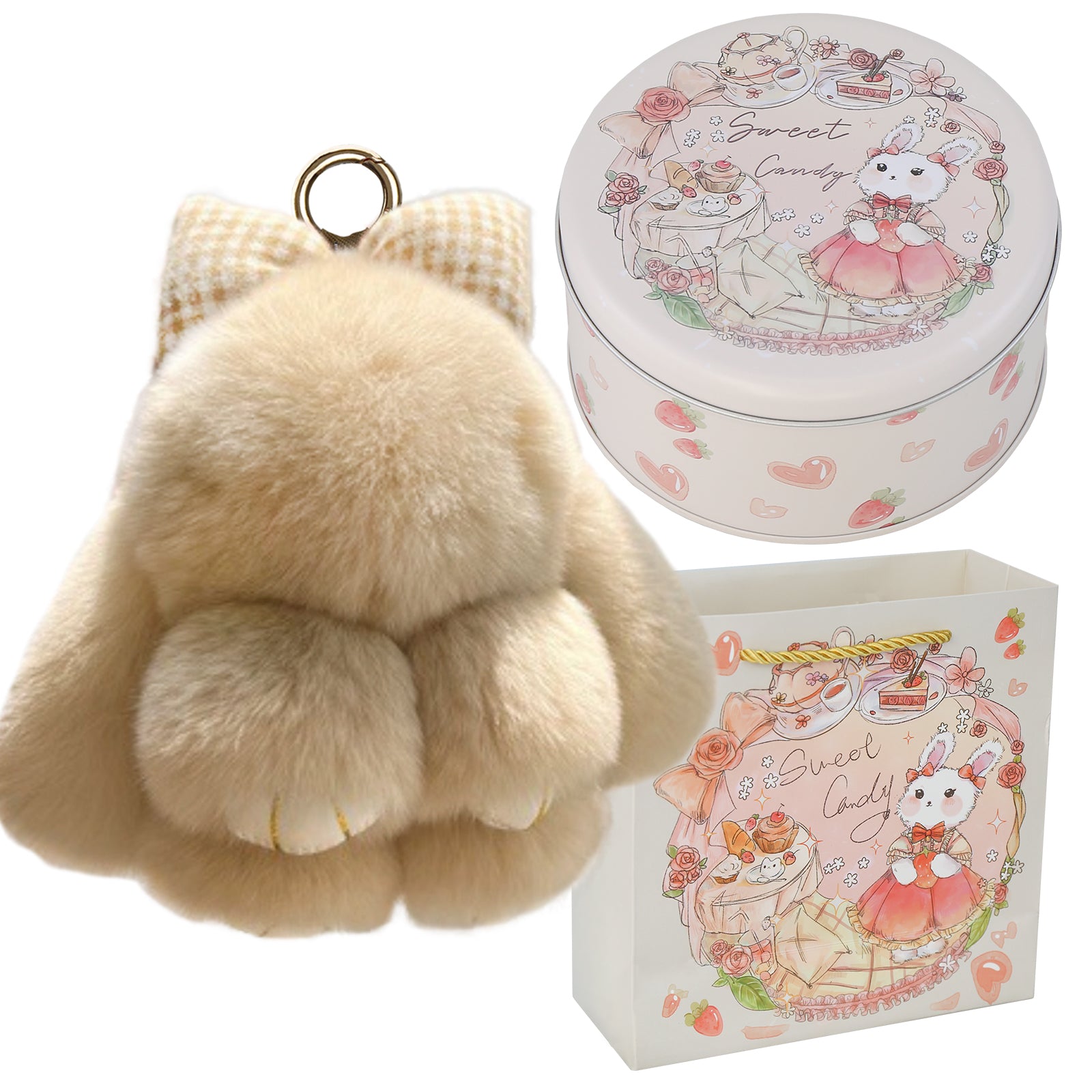 Bunny Lulu Keychain with Tin & Bag Rabbit Fur Bunny Lulu Keychain With Bow for Women Cute Soft Plush Accessory