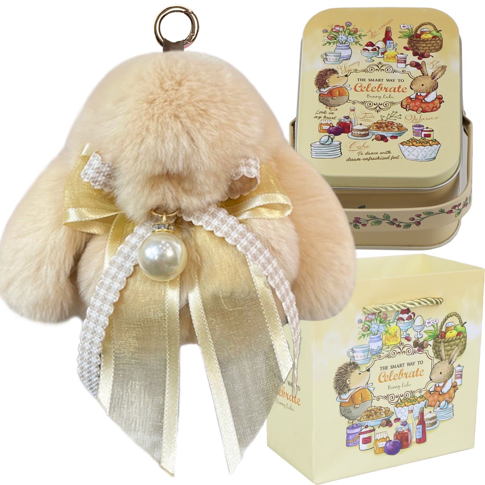 Bunny Lulu Keychain with Tin & Bag Soft Plush Bunny Keychian with Pearl Bow Key Accessory Ideal Choice for Birthday Anniversary & Holiday