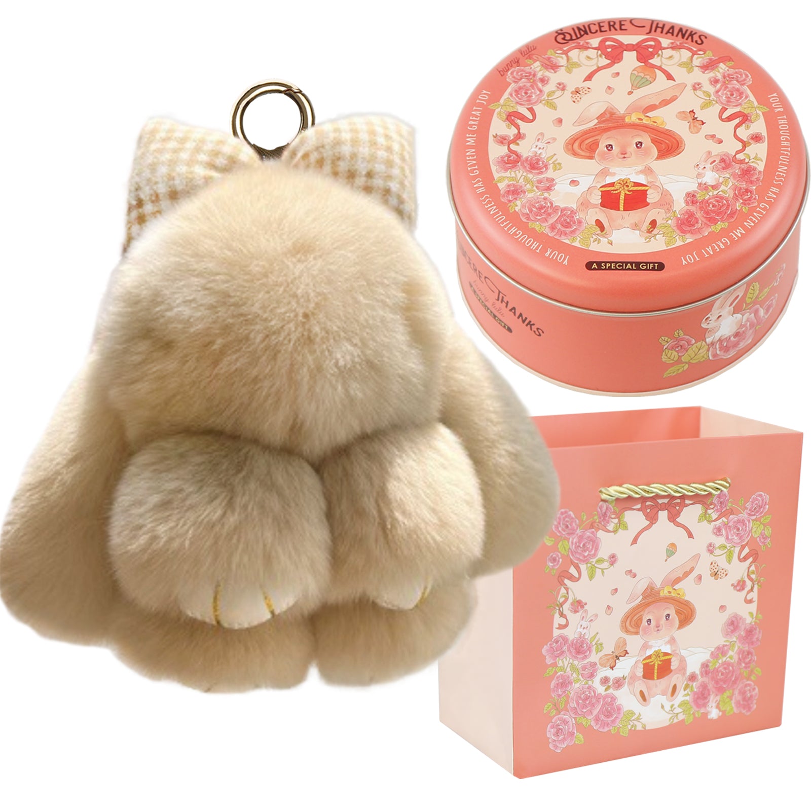 Bunny Lulu Keychain with Tin & Bag Rabbit Fur Bunny Lulu Keychain With Bow for Women Cute Soft Plush Accessory