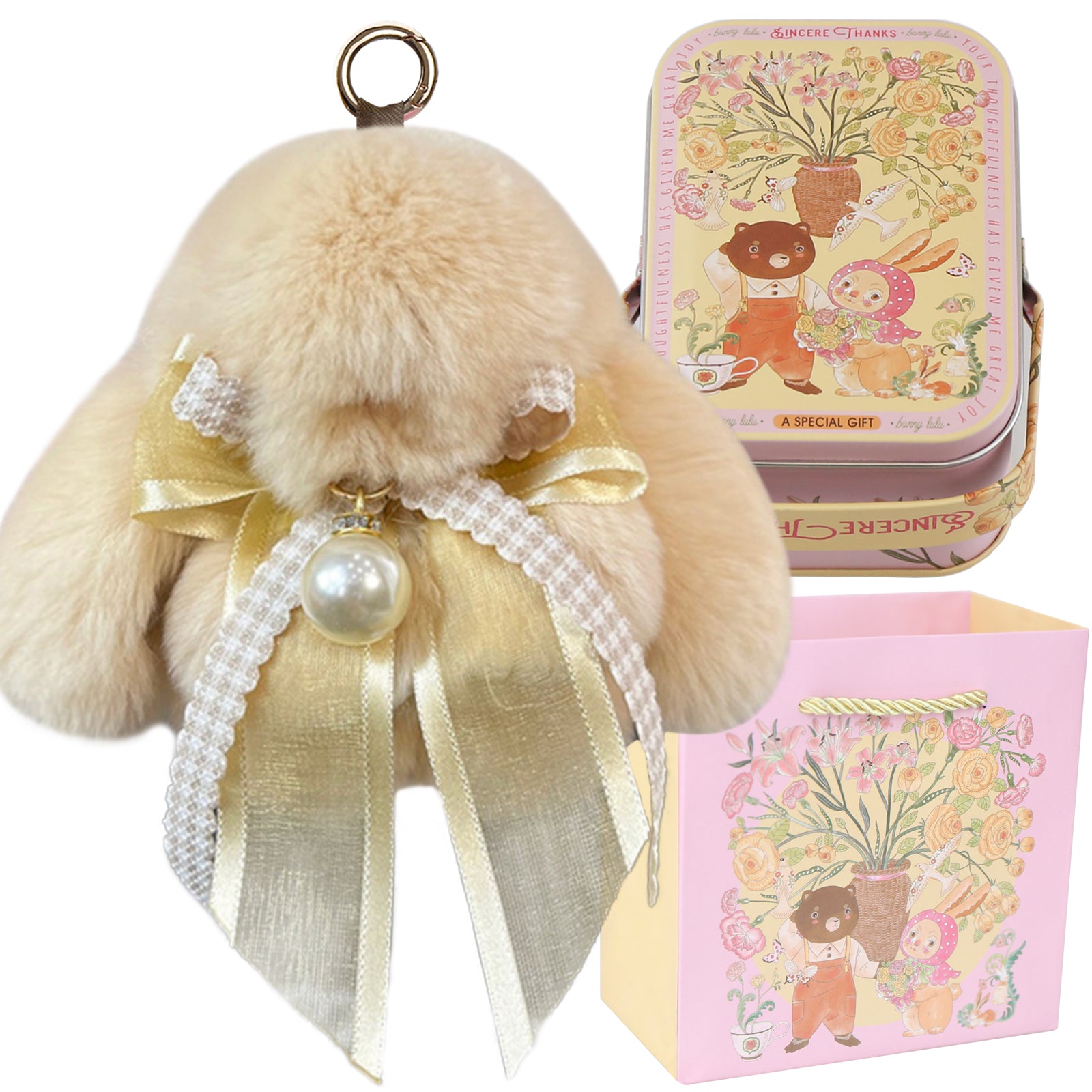 Bunny Lulu Keychain with Tin & Bag Soft Plush Bunny Keychian with Pearl Bow Key Accessory Ideal Choice for Birthday Anniversary & Holiday