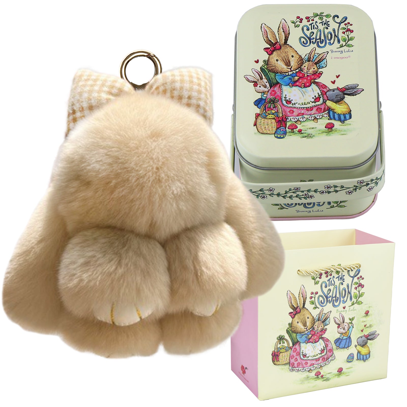 Bunny Lulu Keychain with Tin & Bag Rabbit Fur Bunny Lulu Keychain With Bow for Women Cute Soft Plush Accessory