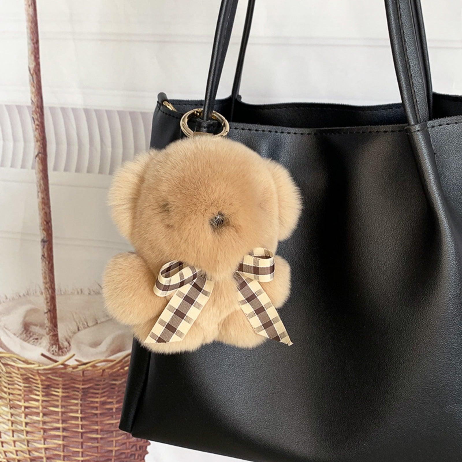 Bear Keychain with Bow Plush Fluffy Rabbit Fur Keychain Soft Adorable Accessory for Bags Keys Backpack Bear Lovers