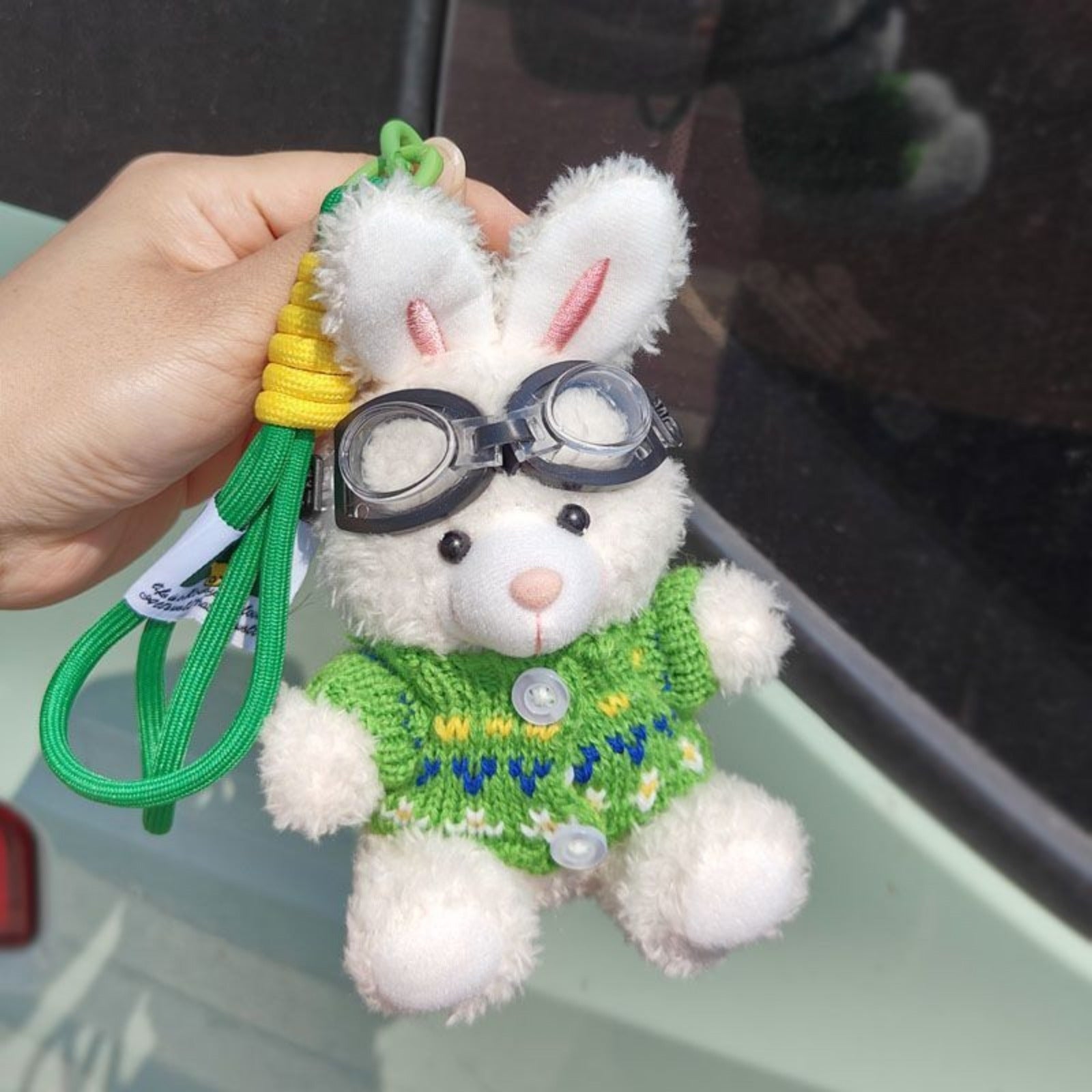 Bunny Lulu Keychain in Aviator Style with Cozy Sweater, Reflective Goggles, and Matching Hanging Lanyard – Perfect Everyday Accessory