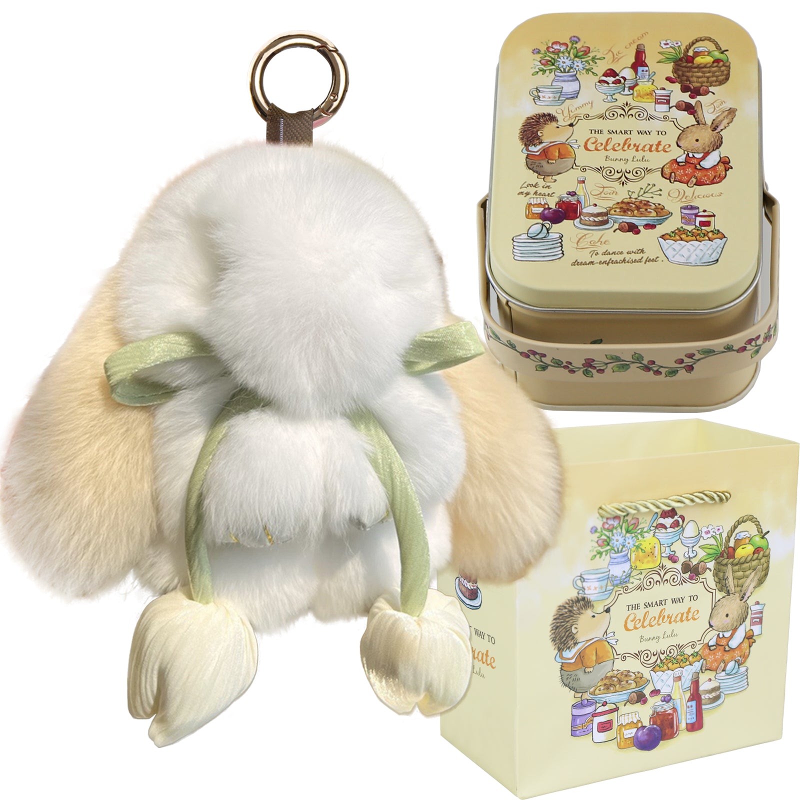 Bunny Lulu Keychain with Tin & Bag Soft Cute Plush Fluffy Tulip Bunnylulu Keychain with Optional Tin and Bag