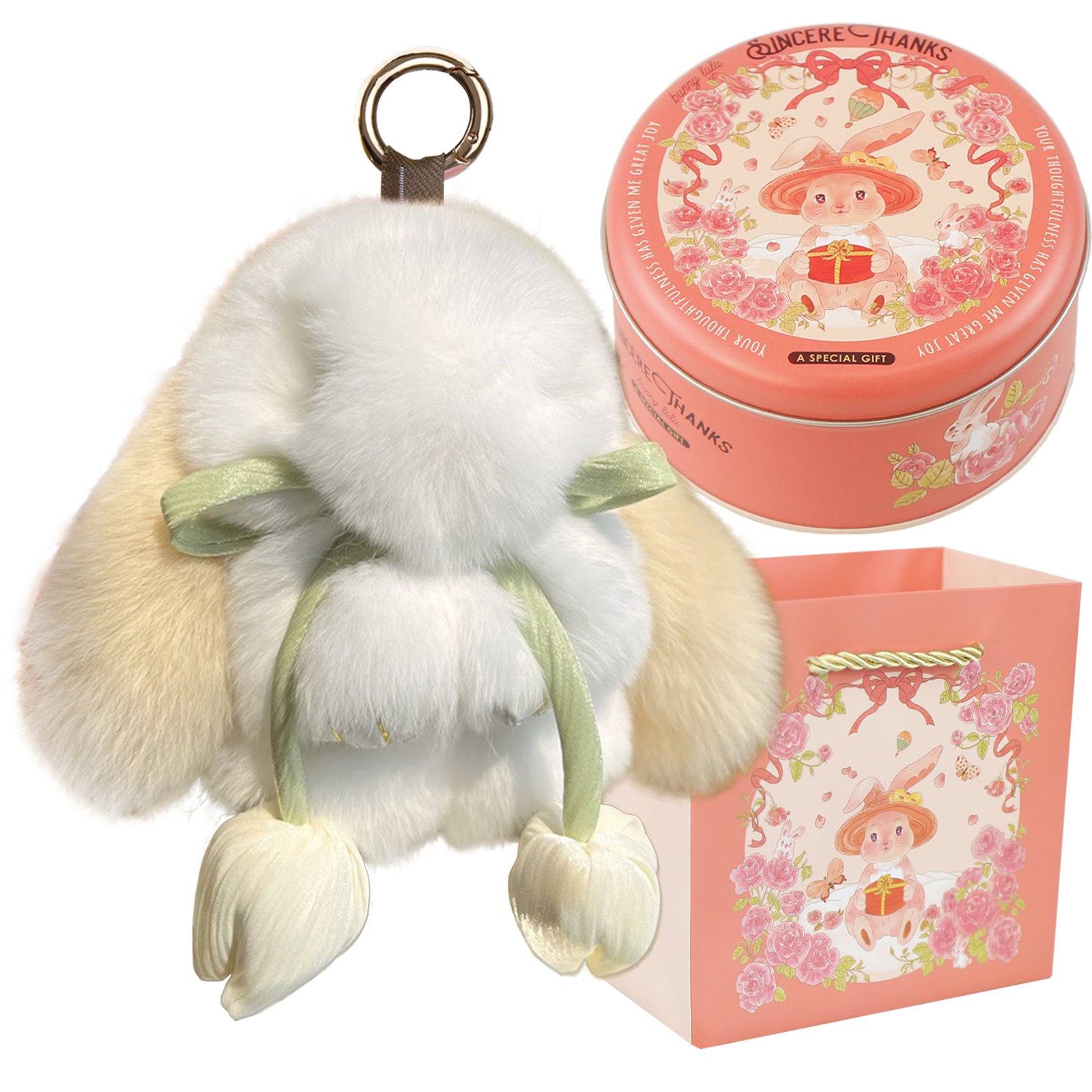 Bunny Lulu Keychain with Tin & Bag Soft Cute Plush Fluffy Tulip Bunnylulu Keychain with Optional Tin and Bag
