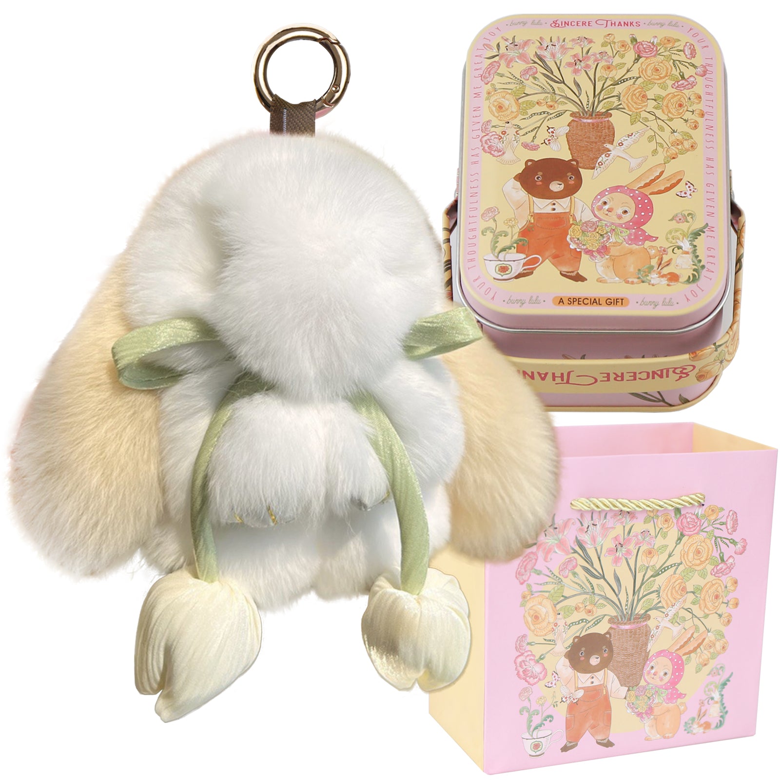Bunny Lulu Keychain with Tin & Bag Soft Cute Plush Fluffy Tulip Bunnylulu Keychain with Optional Tin and Bag