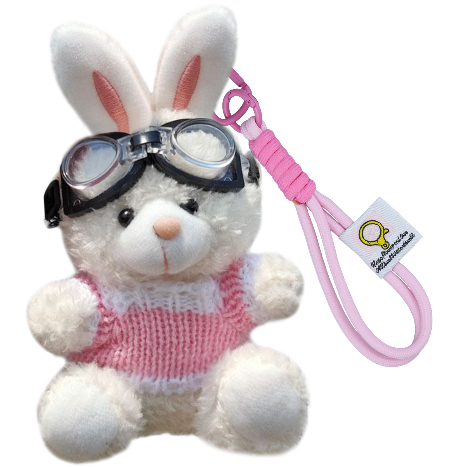 Bunny Lulu Keychain in Aviator Style with Cozy Sweater, Reflective Goggles, and Matching Hanging Lanyard – Perfect Everyday Accessory