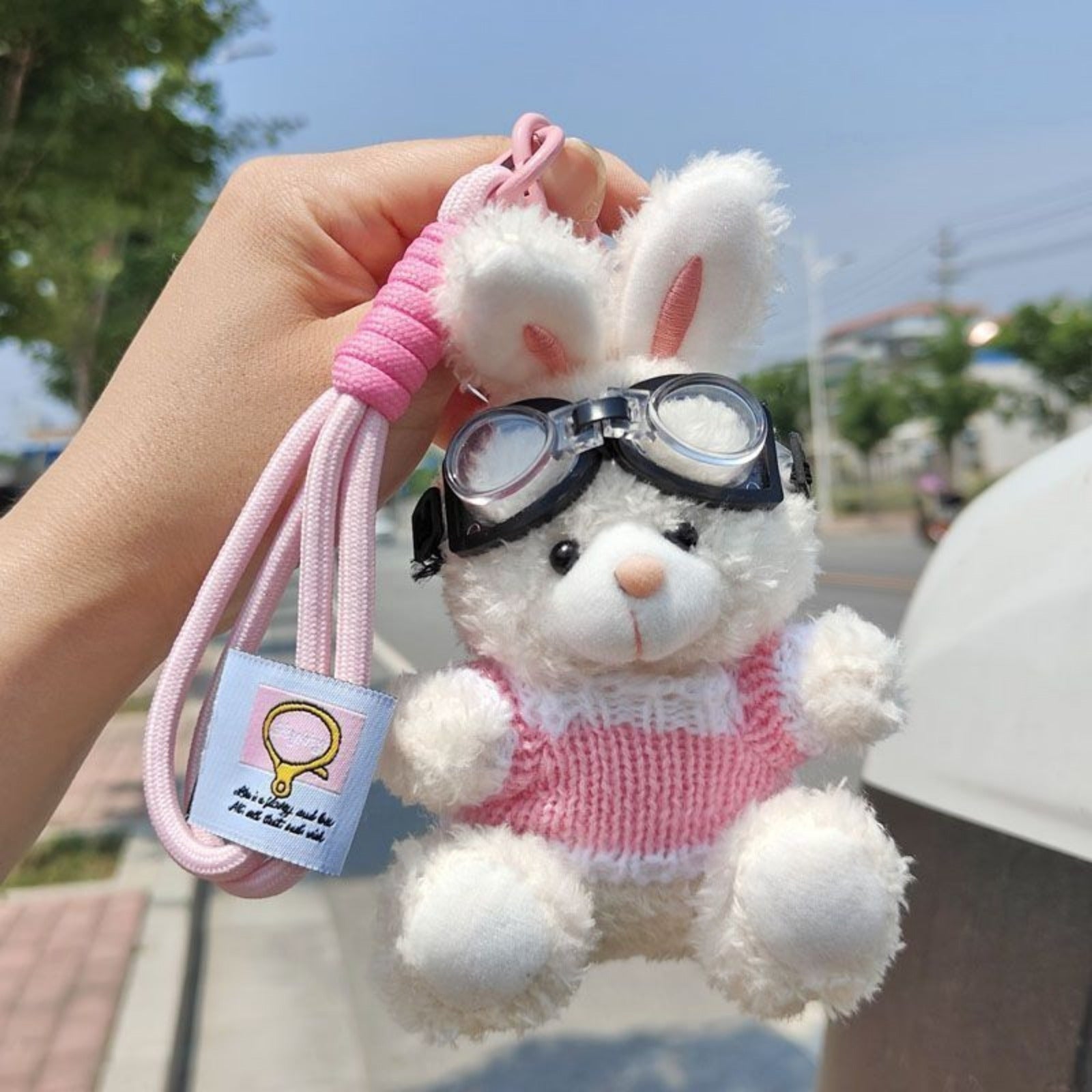 Bunny Lulu Keychain in Aviator Style with Cozy Sweater, Reflective Goggles, and Matching Hanging Lanyard – Perfect Everyday Accessory