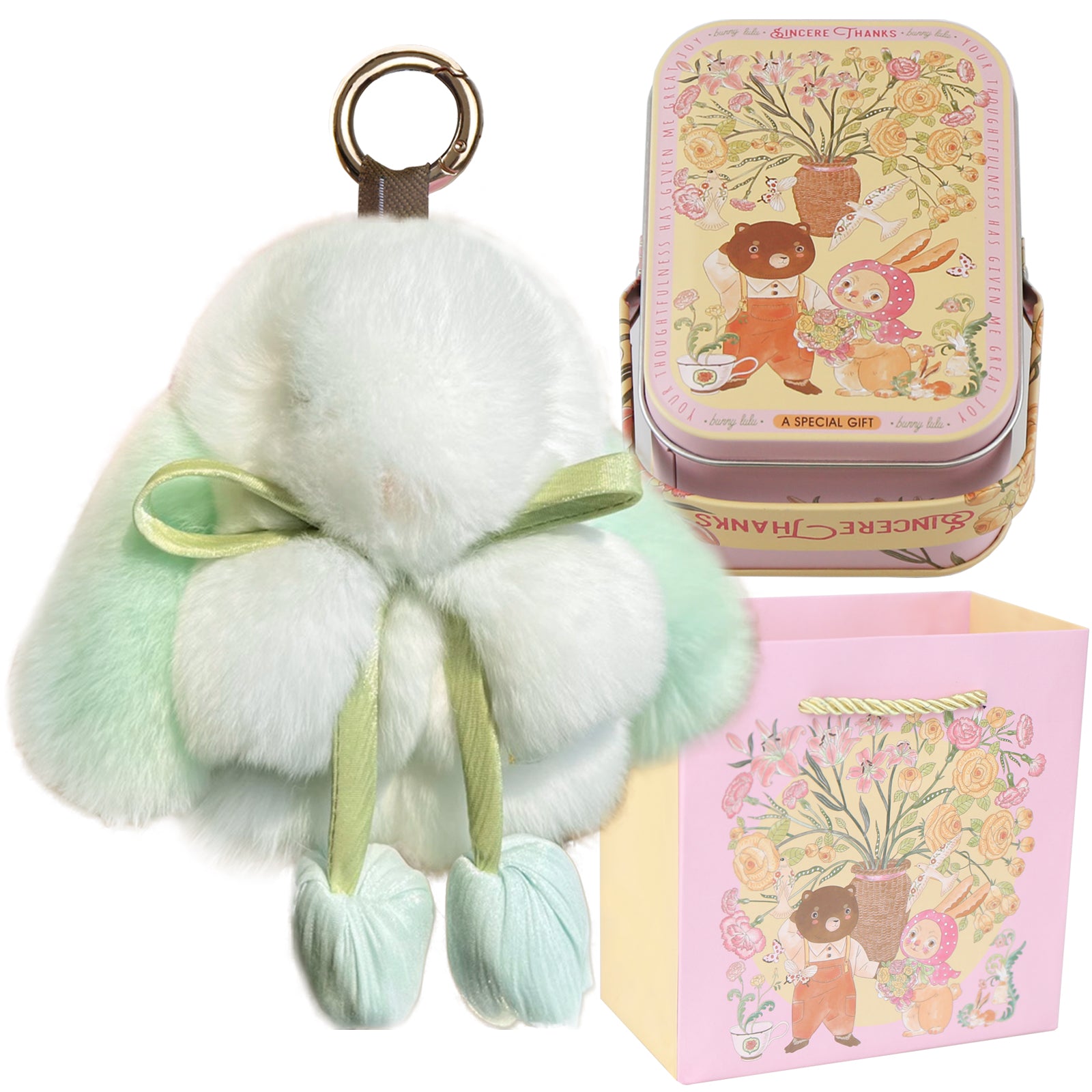 Bunny Lulu Keychain with Tin & Bag Soft Cute Plush Fluffy Tulip Bunnylulu Keychain with Optional Tin and Bag