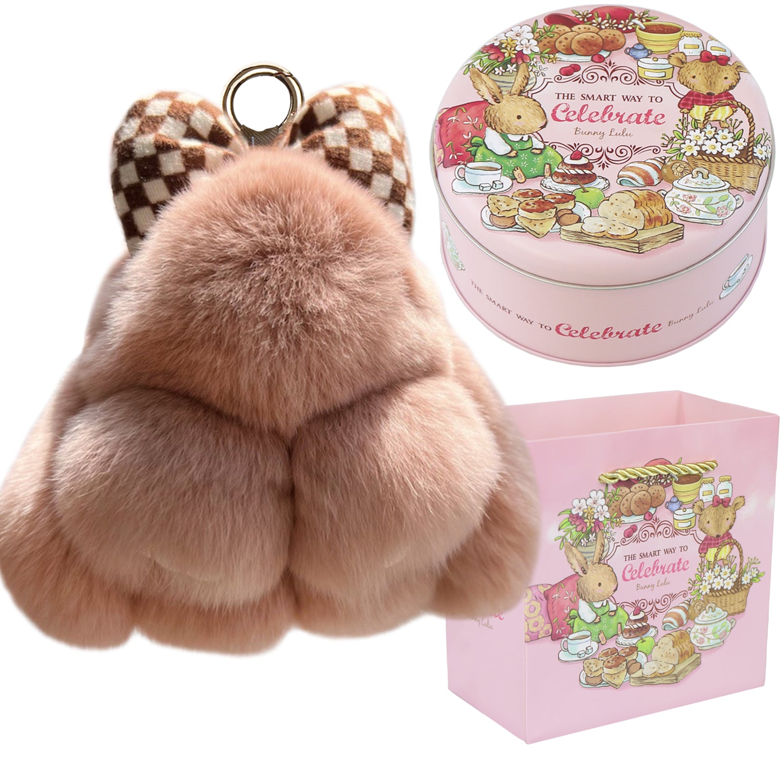 Bunny Lulu Keychain with Tin & Bag Rabbit Fur Bunny Lulu Keychain With Bow for Women Cute Soft Plush Accessory