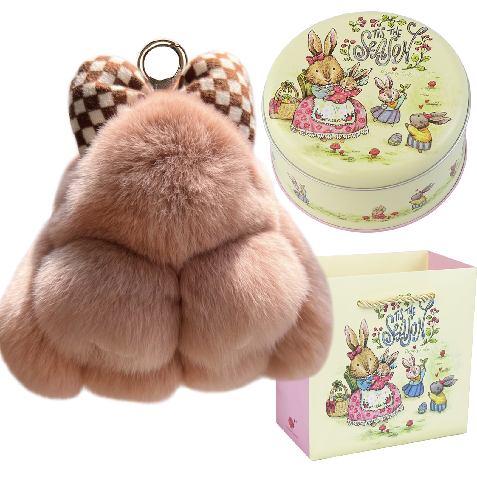 Bunny Lulu Keychain with Tin & Bag Rabbit Fur Bunny Lulu Keychain With Bow for Women Cute Soft Plush Accessory