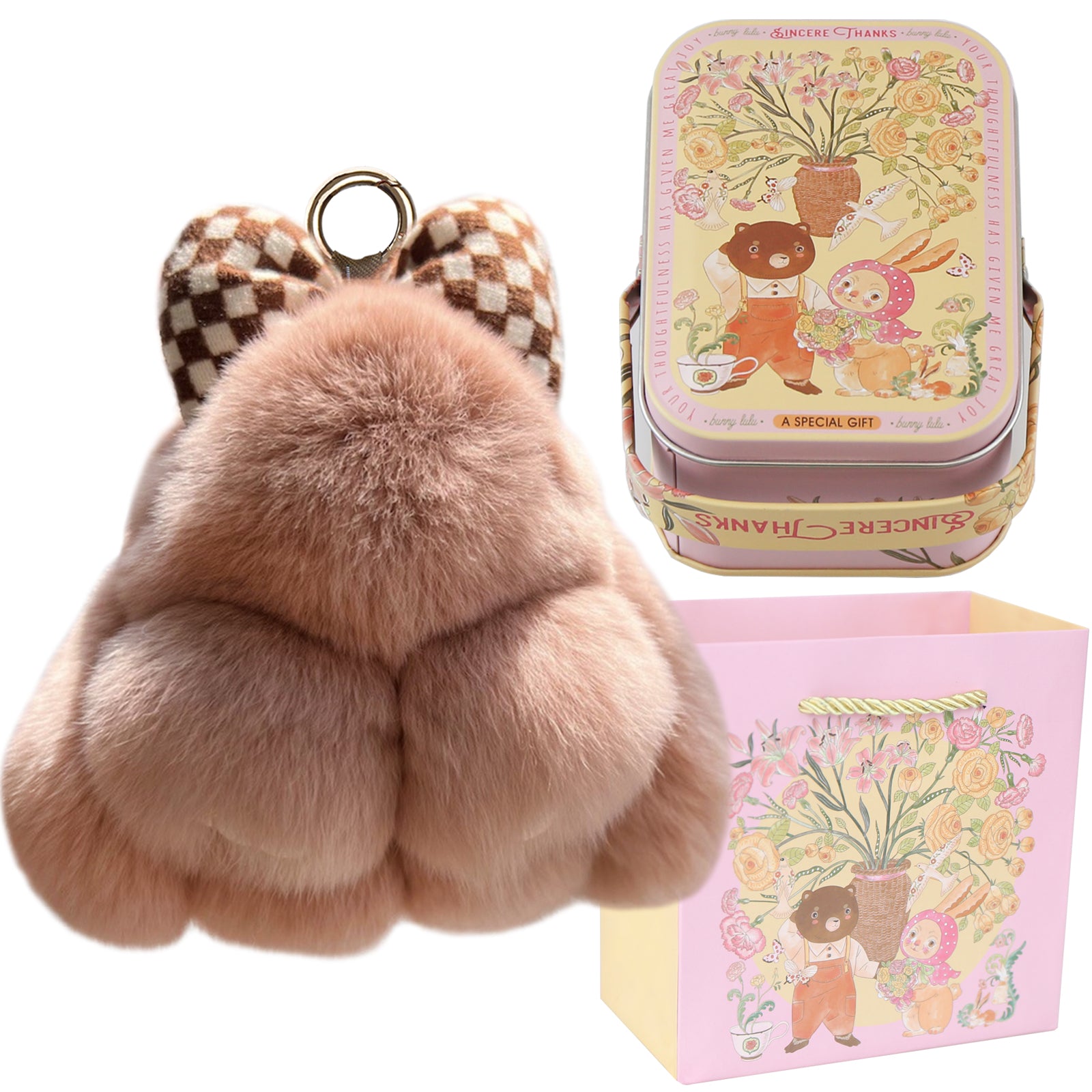 Bunny Lulu Keychain with Tin & Bag Rabbit Fur Bunny Lulu Keychain With Bow for Women Cute Soft Plush Accessory