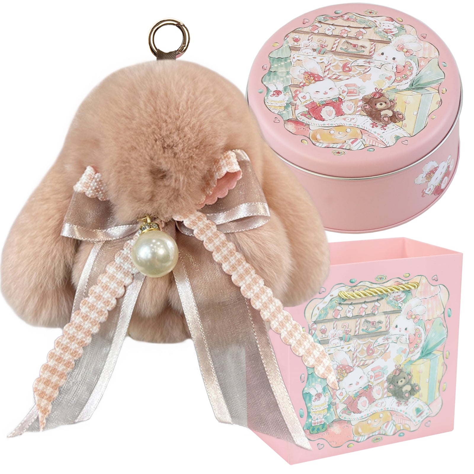 Bunny Lulu Keychain with Tin & Bag Soft Plush Bunny Keychian with Pearl Bow Key Accessory Ideal Choice for Birthday Anniversary & Holiday