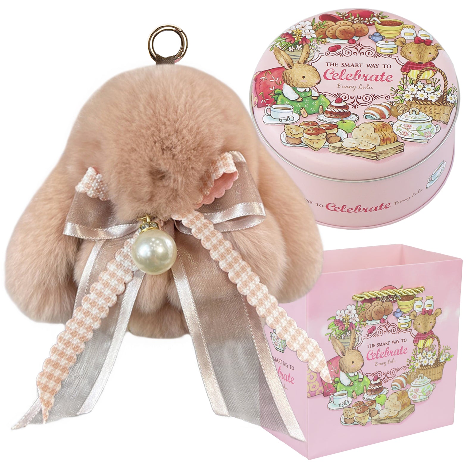 Bunny Lulu Keychain with Tin & Bag Soft Plush Bunny Keychian with Pearl Bow Key Accessory Ideal Choice for Birthday Anniversary & Holiday