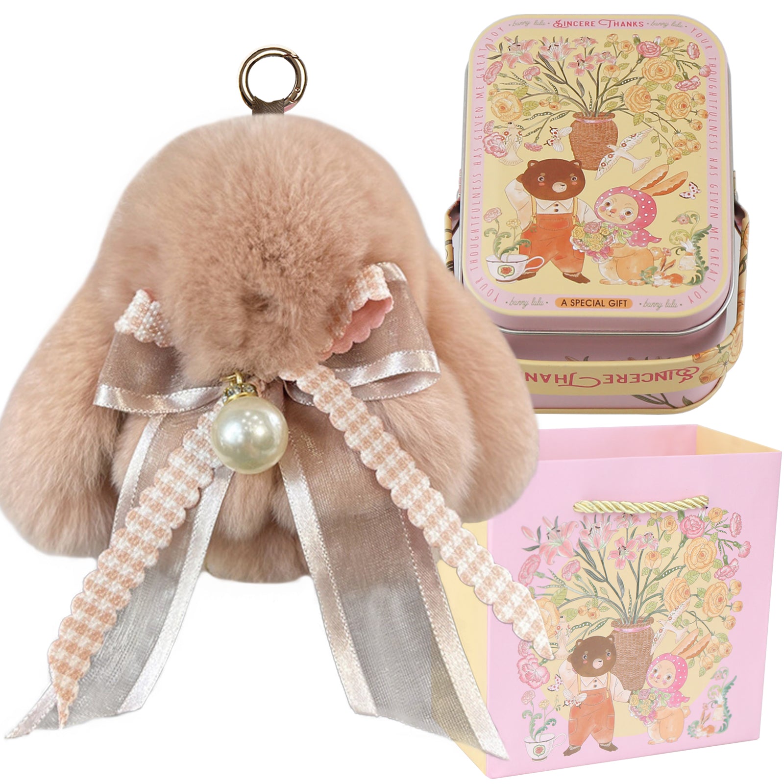 Bunny Lulu Keychain with Tin & Bag Soft Plush Bunny Keychian with Pearl Bow Key Accessory Ideal Choice for Birthday Anniversary & Holiday