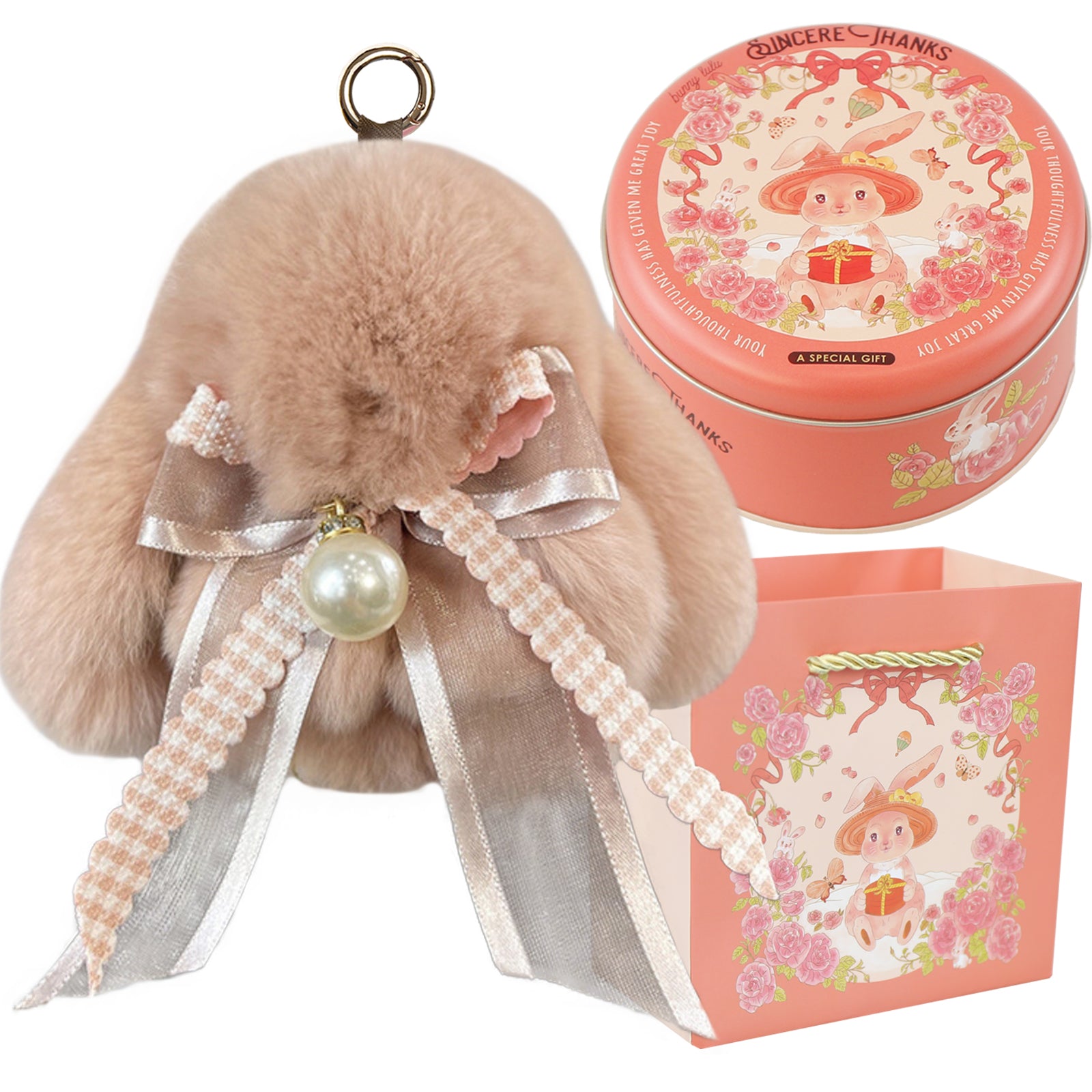 Bunny Lulu Keychain with Tin & Bag Soft Plush Bunny Keychian with Pearl Bow Key Accessory Ideal Choice for Birthday Anniversary & Holiday