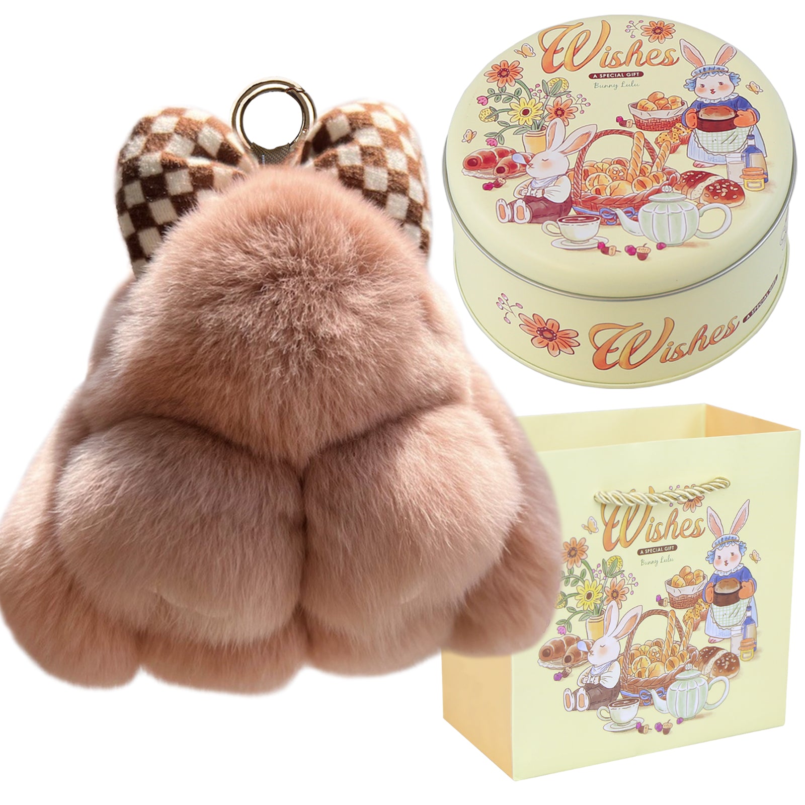 Bunny Lulu Keychain with Tin & Bag Rabbit Fur Bunny Lulu Keychain With Bow for Women Cute Soft Plush Accessory