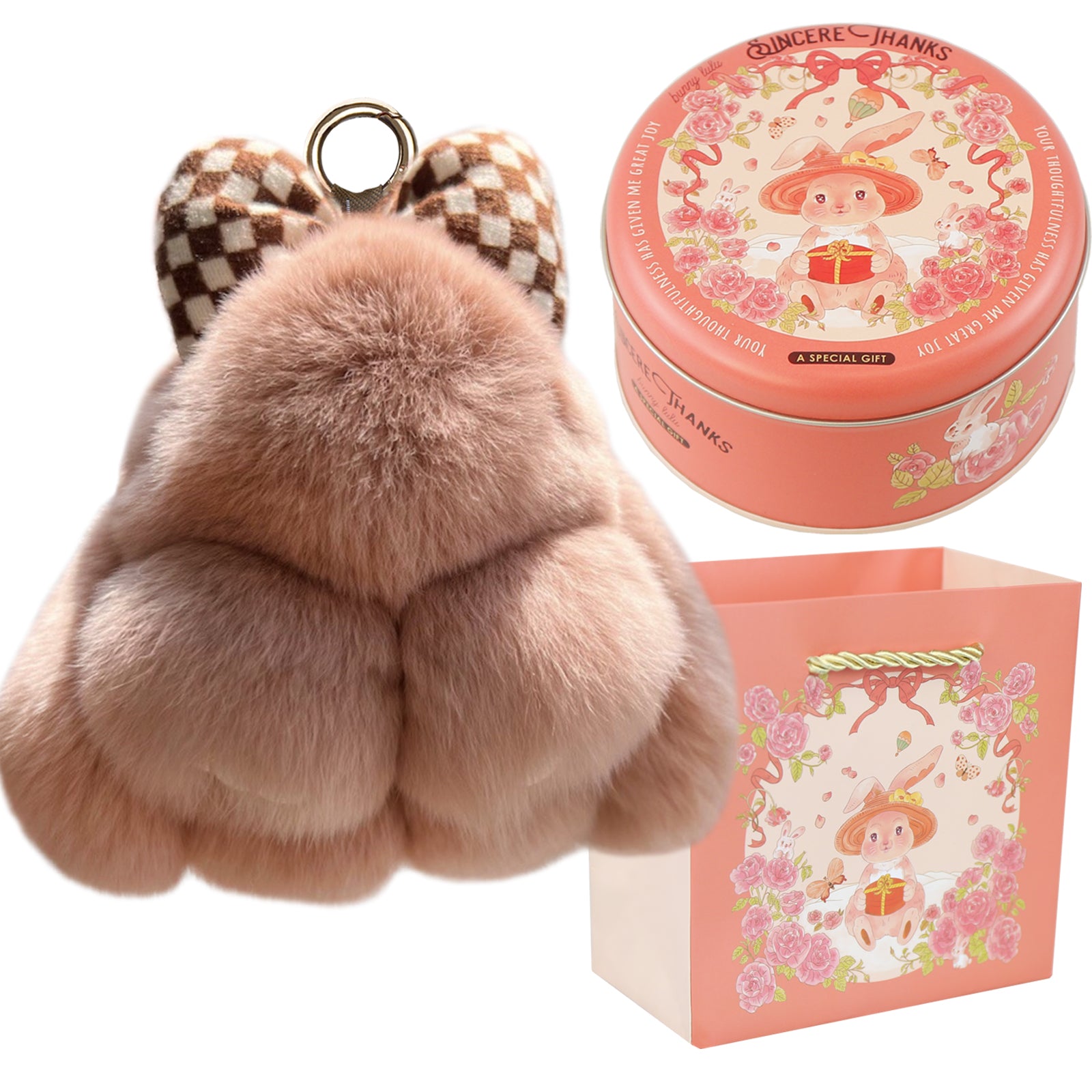 Bunny Lulu Keychain with Tin & Bag Rabbit Fur Bunny Lulu Keychain With Bow for Women Cute Soft Plush Accessory