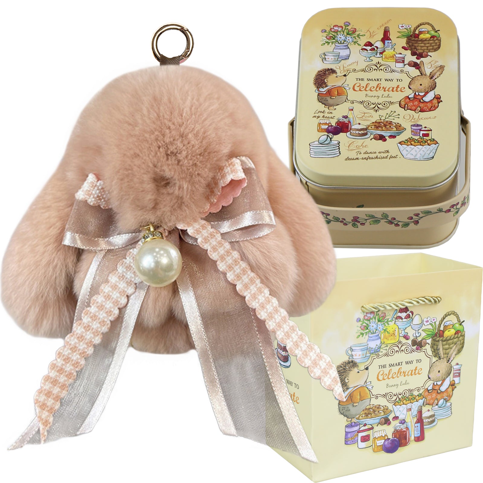 Bunny Lulu Keychain with Tin & Bag Soft Plush Bunny Keychian with Pearl Bow Key Accessory Ideal Choice for Birthday Anniversary & Holiday