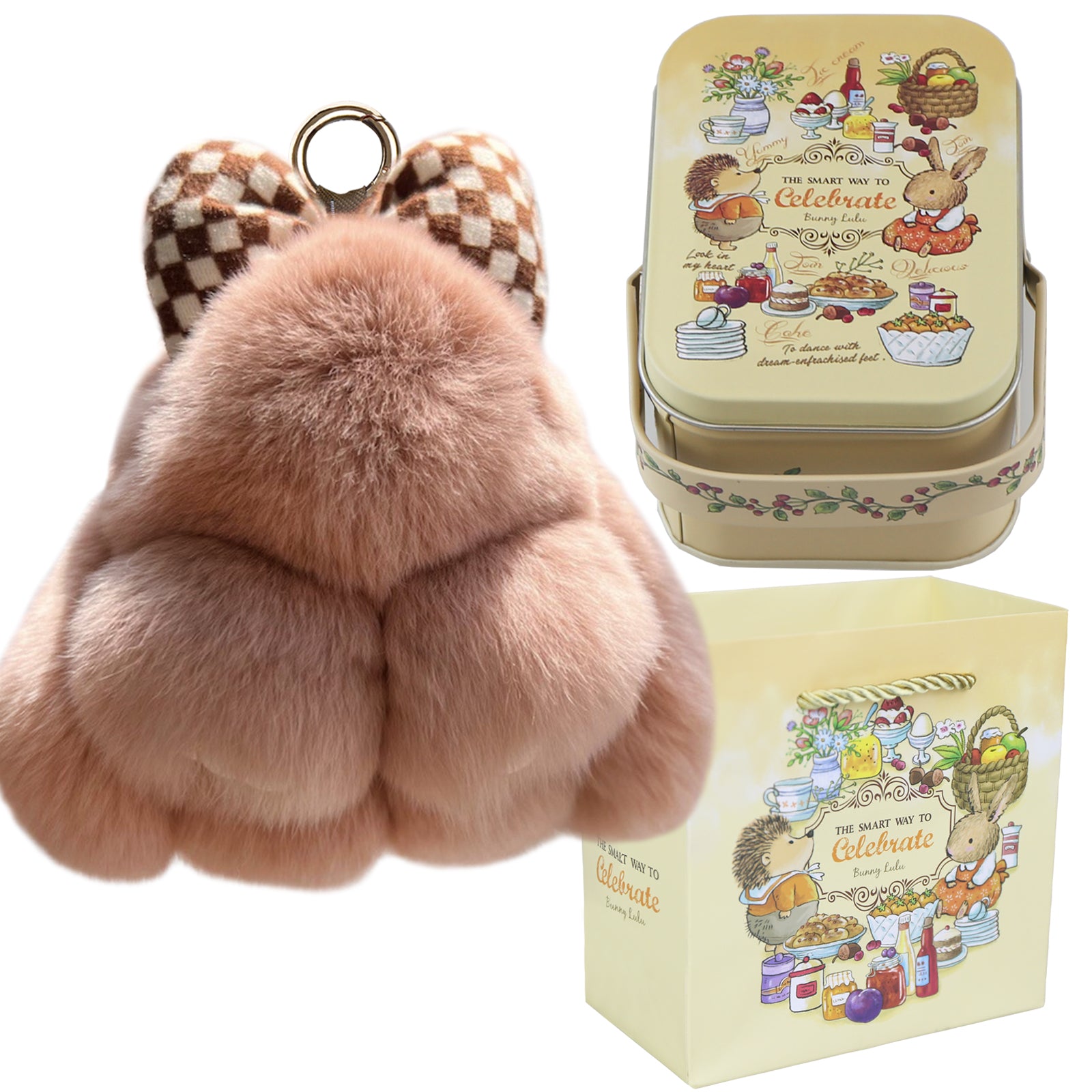 Bunny Lulu Keychain with Tin & Bag Rabbit Fur Bunny Lulu Keychain With Bow for Women Cute Soft Plush Accessory