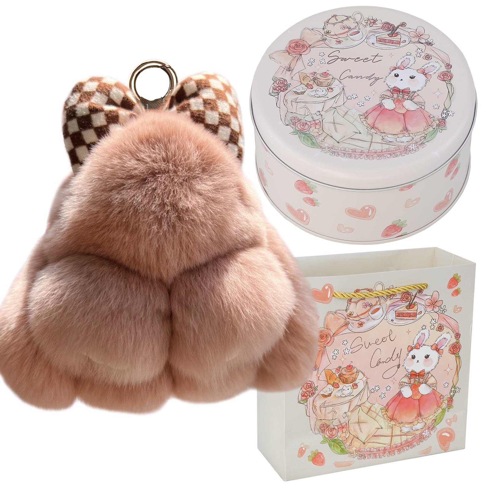 Bunny Lulu Keychain with Tin & Bag Rabbit Fur Bunny Lulu Keychain With Bow for Women Cute Soft Plush Accessory